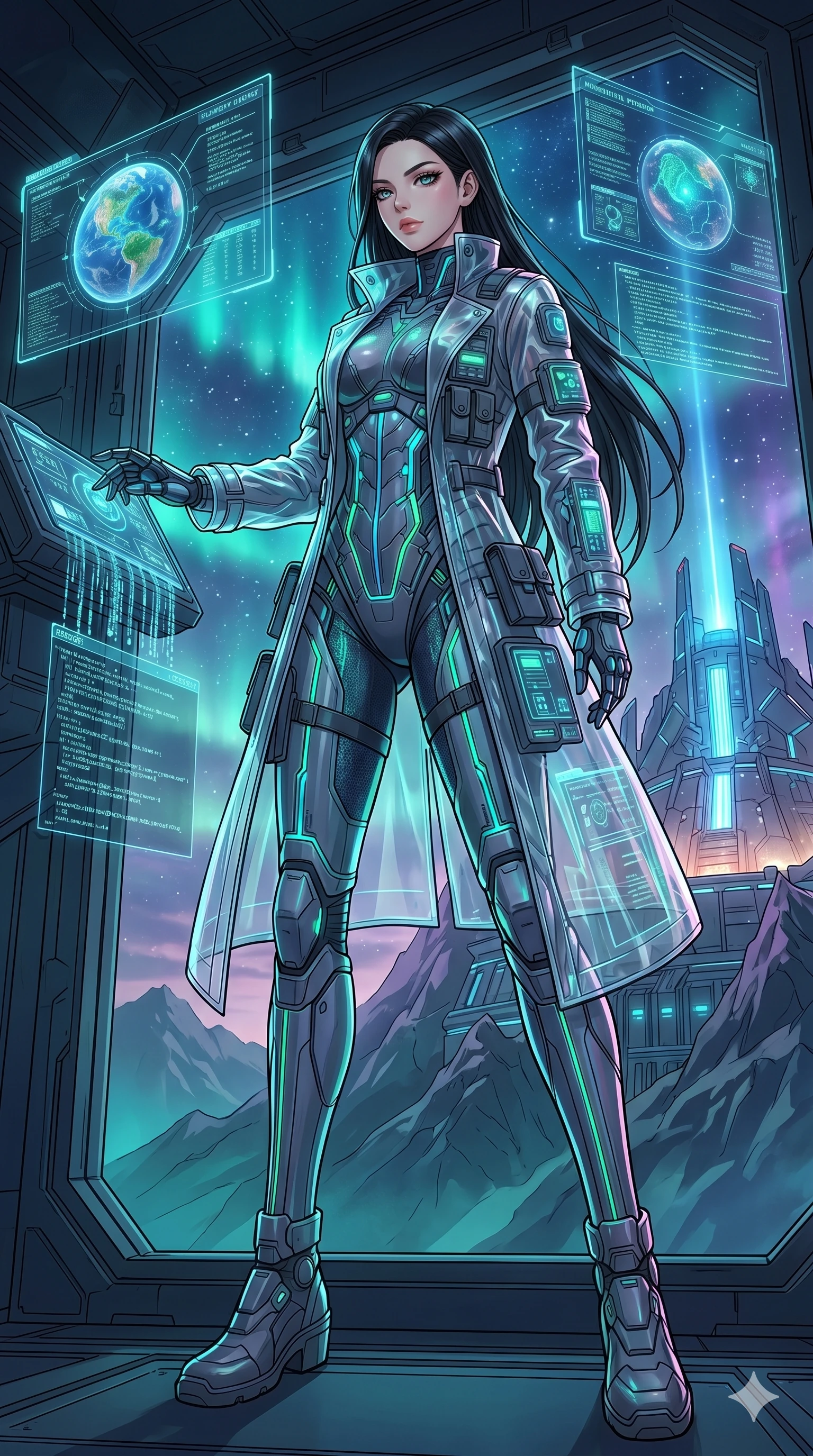 score_9, masterpiece, best quality, ultra-detailed, high-budget anime movie keyframe, cinematic anime lighting, intricate line art, Caucasian (strictly human ears) woman. Dynamic full-body shot stretching the vertical silhouette with extreme perspective. hacking the planetary climate control system from a mountain base. She has an absolutely perfect 8-heads proportion, an exceptionally tall and slender female figure with an ultra-slim waist and impossibly long slender legs. strictly human anatomy, two legs only, no extra limbs, clearly defined legs and arms, perfect anatomy, perfect hands and fingers. sharp v-shaped jawline, high-bridge nose, intricate jewel-like eyes, thick eyelashes, glossy lips. Wearing Tech-Fantasy: Cybernetic tech-suit with glowing seams, translucent PVC over leotard, and modular tactical gear. The scene is illuminated by dramatic atmospheric lighting and vibrant color palettes. , 2k, ultra detail, master piece, 9:16 ratio
