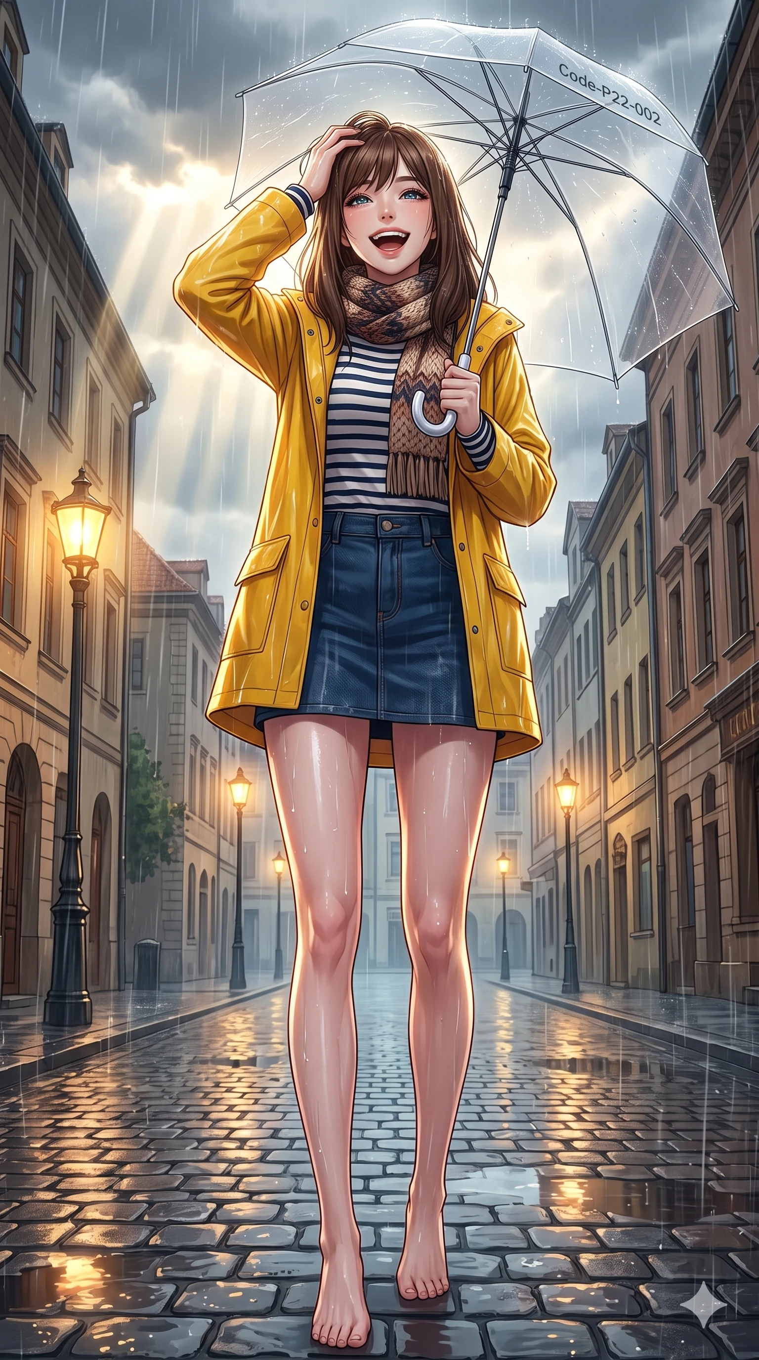 score_9, masterpiece, best quality, ultra-detailed, high-budget anime keyframe, vibrant anime aesthetic, Korean woman. low angle full-body shot from head to toe showing her feet, filling the entire 9:16 vertical frame with her statuesque presence, stretching her vertical silhouette. She is laughing happily while running her fingers through her hair in the rain, with her eyes bright and full of life with a gentle tilt of her head. standing on a rain-slicked cobblestone street under a warm glowing gaslight, holding a clear umbrella (Code-P22-002). She has an absolutely perfect 8-heads proportion, an exceptionally tall and slender female figure with impossibly long slender legs and an ultra-slim waist. V-shaped jawline, high-bridge nose, intricate jewel-like eyes with depth, thick eyelashes, glossy lips with a natural sheen. wearing a bright yellow raincoat over a striped long-sleeve shirt and denim skirt with a knitted scarf. She is bathed in volumetric morning sunbeams piercing through rain clouds, accentuating her slender silhouette in the rainy afternoon. 2k, ultra detail, master piece, 9:16 ratio