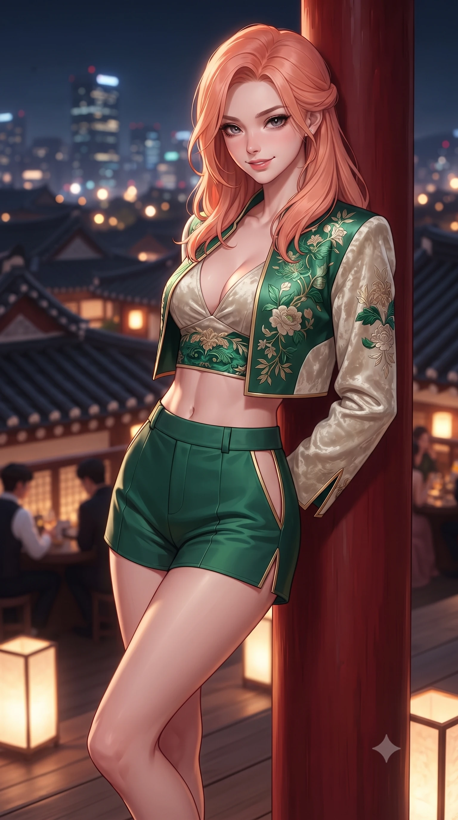 score_9, masterpiece, best quality, ultra-detailed, high-budget anime keyframe, editorial fashion photography, tasteful artistic composition, Japanese woman. close-up cowboy shot from the waist and thighs up, the character dominates the composition, filling the frame with her large presence. leaning back against the red lacquer pillar with relaxed seductive grace, her flat midriff and narrow waist highlighted as warm lantern light traces her curves while standing poised on the open timber rooftop terrace overlooking sweeping waves of tiled hanok roofs, arching her back with high-fashion supermodel glamour. The background shows a soft-focus glowing hanji paper floor lanterns and chic rooftop cocktail patrons softened in trendy Seoul shallow focus. She has an exceptionally elegant, slender, and willowy female figure with an ultra-slim waist, flat toned midriff, narrow ribcage, and sculpted feminine hips creating an alluring, slim hourglass silhouette without bulk. sharp v-shaped jawline, high-bridge nose, intricate jewel-like dark sparkling almond eyes with depth, thick lashes, glossy parted lips with a natural rose-plum sheen, bright alluring and coquettish smile with bedroom-eyes, exuding both timeless oriental elegance and sovereign high-fashion allure, flawlessly proportioned anatomical accuracy, strict slender model proportions, natural body alignment, perfectly sculpted long slender limbs, ultra-slim waistline, clean dynamic posture without body distortion. wearing a cropped embroidered silk jacket worn over a plunging camisole top and tailored high-waisted hot-pants in fresh bamboo emerald and soft oatmeal cream, crafted from sumptuous crushed winter velvet with deep light-absorbing plushness, finished with sharp laser-cut side hip slits framed by gold piping, the form-contouring cut accentuating her sculpted flat midriff, narrow delicate ribcage, and gracefully curvy hips with regal oriental supermodel elegance. illuminated by city skyline bokeh bounce and sharp champagne rim lighting sculpting her razor-sharp jawline, narrow waist, and curvy hips. ultra-reflective glossy finish, specular highlights, rich textural contrasts, high-contrast stereoscopic depth, volumetric dynamic lighting, 2k, ultra detail, master piece, 9:16 ratio