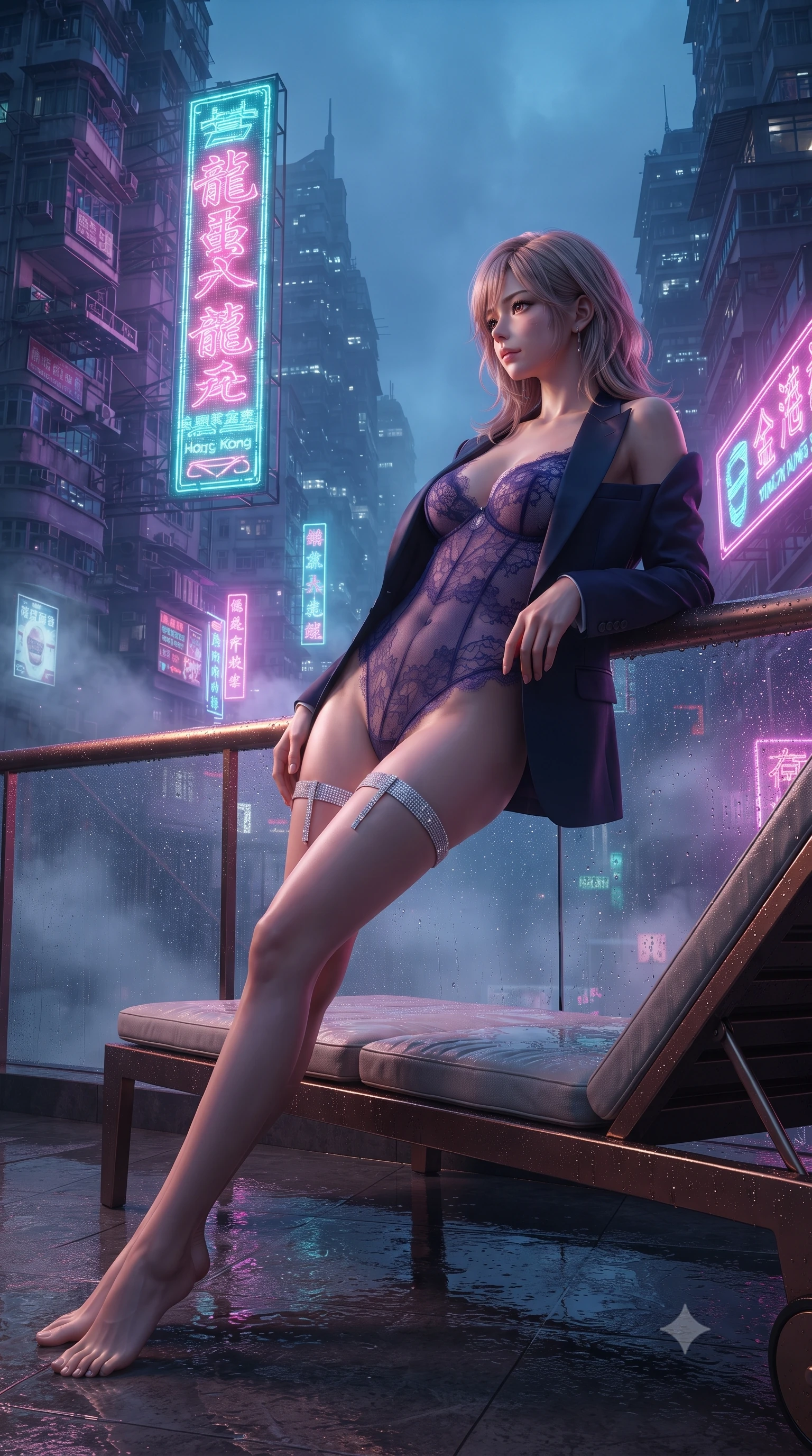 score_9, masterpiece, best quality, ultra-detailed, high-budget anime keyframe, editorial fashion photography, tasteful artistic composition, Japanese woman. low angle full-body shot from head to toe showing her feet, filling the entire 9:16 vertical frame with her statuesque presence, stretching her vertical silhouette. reclining gracefully across the plush chaise lounge with one leg extended, her sculpted silhouette and flat midriff radiating magnetic nocturnal glamour while leaning against the wet bronze guardrail with hips cocked back, looking through swirling night fog at towering holographic neon signs. The surrounding environment is rendered in vivid detail and crisp panoramic clarity: detailed second-skin vinyl catsuit cling, chrome buckle shine, and futuristic Hong Kong skyscraper engineering in razor-sharp precision. She has an absolutely perfect, statuesque 8.5-heads proportion, an exceptionally tall and slender model-like female figure with impossibly long slender legs, an ultra-slim waist, a flat toned midriff, narrow delicate ribcage, and beautifully sculpted feminine hips creating a graceful, slim hourglass silhouette without any bulky heaviness. sharp v-shaped jawline, high-bridge nose, sparkling eyes with hypnotic seductive depth, thick curled eyelashes, glossy parted lips with a natural dewy peach sheen, alluring bedroom-eyes with an enchanting coquettish smile, exuding magnetic siren charisma and sophisticated glamour, flawlessly proportioned anatomical accuracy, strict slender model proportions, natural body alignment, perfectly sculpted long slender limbs, ultra-slim waistline, clean dynamic posture without body distortion. wearing a delicate sheer French Chantilly lace teddy layered under an open tailored tuxedo blazer draped over bare shoulders in twilight lavender and midnight indigo, made of delicate semi-sheer French Chantilly lace with intricate eyelash edges, finished with delicate crystal-encrusted thigh garter straps glinting in the dim light, the precision-cut side openings and low-back scoop framing her graceful spine and the sensual sweep of her slim, toned hips. illuminated by wet terrace specular reflections and sharp emerald-magenta rim lights sculpting her razor-sharp jawline, narrow waist, and curvy hips. ultra-reflective glossy finish, specular highlights, rich textural contrasts, high-contrast stereoscopic depth, volumetric dynamic lighting, 2k, ultra detail, master piece, 9:16 ratio