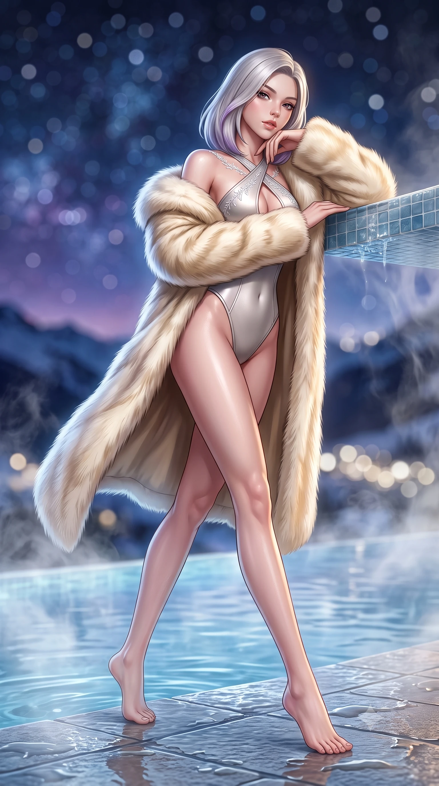 score_9, masterpiece, best quality, ultra-detailed, high-budget anime keyframe, semi-realistic 3D game render, editorial fashion photography, tasteful artistic composition, Caucasian woman. low angle full-body shot from head to toe showing her feet, filling the entire 9:16 vertical frame with her statuesque presence, stretching her vertical silhouette. pivoting dynamically with supreme athletic balance, her impossibly long slender legs and ultra-slim waist creating a mesmerizing vertical line while resting her chin on her crossed arms at the infinity pool's edge, gazing into the camera with bedroom-eyes. The composition keeps background elements in soft focus with creamy bokeh. rising thermal steam swirls and starry alpine night skies blurred into deep sapphire, amethyst, and pearl-white bokeh. She has an absolutely perfect, statuesque 8.5-heads proportion, an exceptionally tall and slender model-like female figure with impossibly long slender legs, a toned flat midriff, and an ultra-slim waist. sharp v-shaped jawline, high-bridge nose, intricate jewel-like eyes with depth, thick eyelashes, glossy parted lips with a natural sheen, intensely captivating and seductive expression, flawlessly proportioned anatomical accuracy, strict slender model proportions, natural body alignment, perfectly sculpted long slender limbs, ultra-slim waistline, clean dynamic posture without body distortion. wearing a modern alpine monokini with criss-cross chest straps worn with an oversized arctic faux-fur coat in arctic champagne cream and soft gold, tailored from ultra-sleek thermal stretch neoprene with satin sheen, finished with delicate crystal frost embroidery tracing the collarbones, the liquid-tight tailored fabric emphasizing every curve of her tall, slender model proportions and sculptured silhouette during dynamic movement. surrounded by an intimate, tranquil, and deeply sensual mountain onsen muse aura. highly saturated vibrant anime colors, detailed shading with soft gradients, rich glossy textures, high-contrast stereoscopic depth, volumetric dynamic lighting, master piece, 9:16 ratio