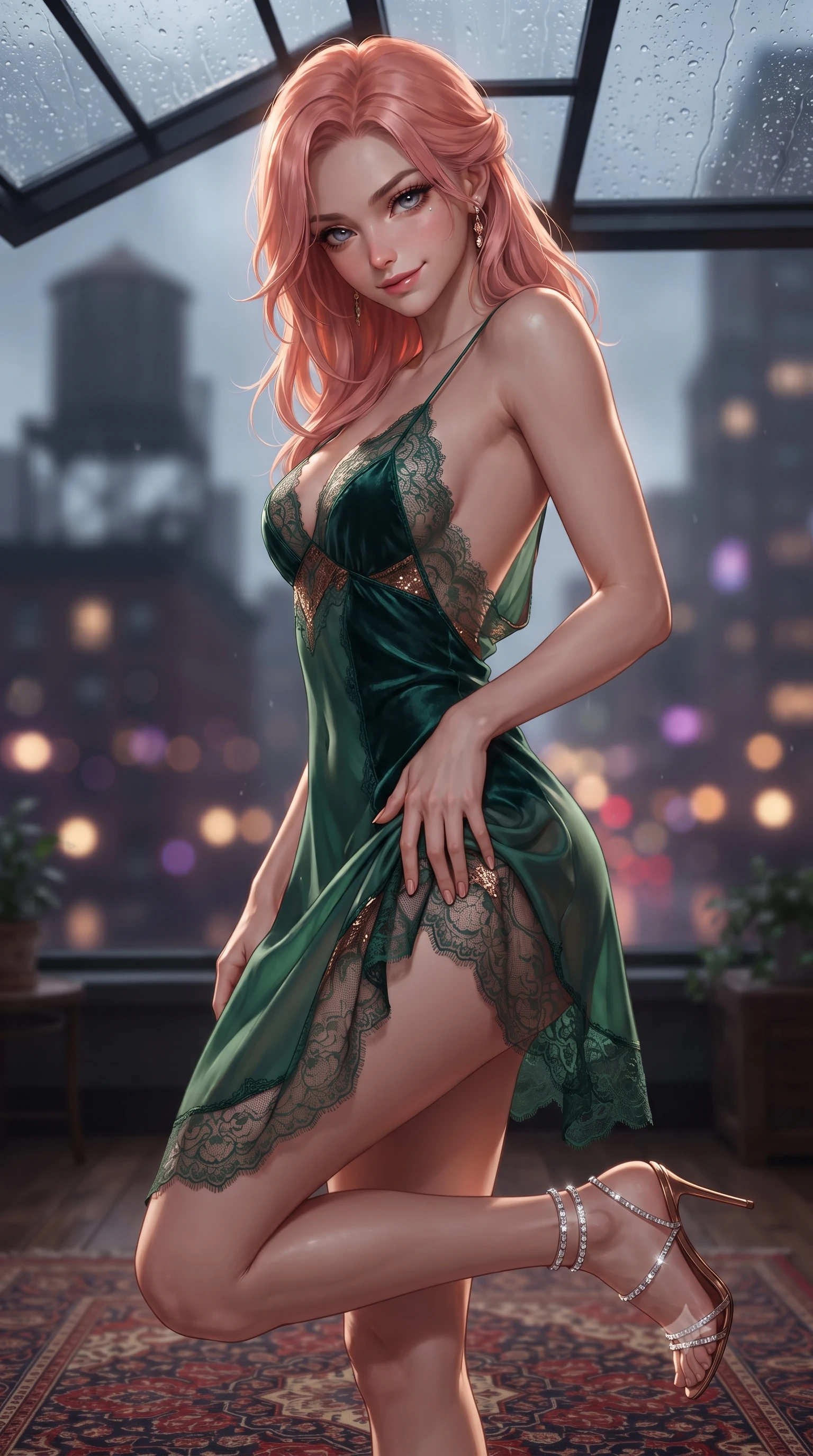 score_9, masterpiece, best quality, ultra-detailed, high-budget anime keyframe, editorial fashion photography, tasteful artistic composition, Japanese woman. close-up cowboy shot from the waist and thighs up, the character dominates the composition, filling the frame with her large presence. tilting her head with a teasing half-smile, running one hand slowly down the side of her hip in a flirtatious S-curve as ambient light caresses her silhouette while twisting her slender torso in an alluring contrapposto stance on the Persian rug, starlight and streetlamp glow tracing her narrow waist and hips. The background shows a soft-focus historic water towers on Soho rooftop silhouettes, rain-streaked glass skylights, and twinkling Manhattan streetlights blurred into amethyst, amber, and charcoal bokeh. She has an exceptionally elegant, slender, and willowy female figure with an ultra-slim waist, flat toned midriff, narrow ribcage, and sculpted feminine hips creating an alluring, slim hourglass silhouette without bulk. sharp v-shaped jawline, high-bridge nose, intricate jewel-like sparkling eyes with depth, thick eyelashes, glossy parted lips with a natural peach sheen, bright cheerful beaming smile with an enchanting and coquettish sensual glint, exuding both youthful cute charm and seductive allure, flawlessly proportioned anatomical accuracy, strict slender model proportions, natural body alignment, perfectly sculpted long slender limbs, ultra-slim waistline, clean dynamic posture without body distortion. wearing a delicate translucent silk chiffon boudoir slip with eyelash lace trims and an open cowl back in deep emerald velvet and shimmering bronze, made of delicate semi-sheer French Chantilly lace with intricate eyelash edges, complemented by strappy stiletto sandals with crystal ankle wraps accentuating her slender calves, the second-skin tailored fabric adhering flawlessly to her sculpted flat midriff and slender torso, emphasizing her long leg lines and perfectly proportioned willowy build. illuminated by skylight moonbeam bounce and sharp champagne-gold rim lights defining her jawline, flat midriff, and feminine hips. ultra-reflective glossy finish, specular highlights, rich textural contrasts, high-contrast stereoscopic depth, volumetric dynamic lighting, 2k, ultra detail, master piece, 9:16 ratio