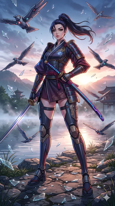 score_9, masterpiece, best quality, ultra-detailed, Set A: High-budget Anime Keyframe, Korean woman. Low angle cowboy shot filling the entire 9:16 frame with her statuesque presence. Standing victoriously through a misty lakeside at dawn, surrounded 