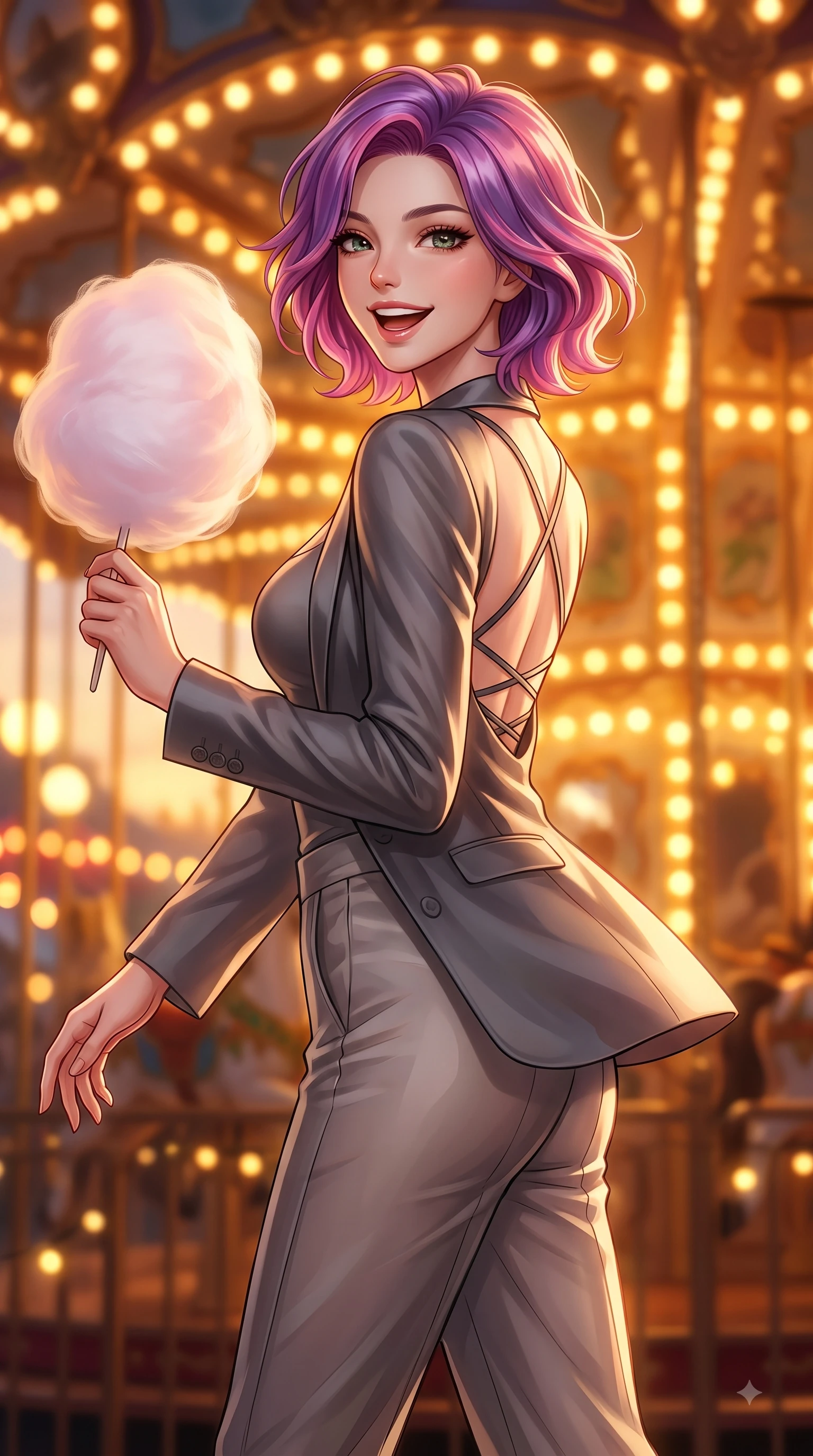 score_9, masterpiece, best quality, ultra-detailed, high-budget anime keyframe, editorial fashion photography, tasteful artistic composition, Caucasian woman. close-up cowboy shot from the waist and thighs up, the character dominates the composition, filling the frame with her large presence, background elements kept in soft focus. Cheerful beaming smile with parted lips, exuding pure enchanting charm while turning dynamically toward the camera while pivoting in a cheerful dynamic stride with a cotton candy orb in hand and beaming eyes, thousands of warm vintage light bulbs casting glowing golden circles in soft bokeh. She has an exceptionally elegant, slender, and willowy female figure with an ultra-slim waist, a gracefully sculpted slender torso, and a refined silhouette. sharp v-shaped jawline, high-bridge nose, intricate jewel-like eyes with depth, thick eyelashes, glossy lips with a natural sheen, flawlessly proportioned anatomical accuracy, natural body alignment, perfectly sculpted elegant limbs, clean dynamic posture without body distortion. wearing a tailored silk blazer over a form-contouring scoop-neck top and slacks in charcoal grey and platinum, woven from fine semi-opaque sheer organza, complemented by criss-cross back straps highlighting her bare shoulders, the glove-like fit emphasizing her statuesque silhouette during motion. bathed in glorious golden hour sunbeams and warm amber carousel lamp radiance. highly saturated vibrant anime colors, detailed shading with soft gradients, rich glossy textures, high-contrast stereoscopic depth, volumetric dynamic lighting, master piece, 9:16 ratio