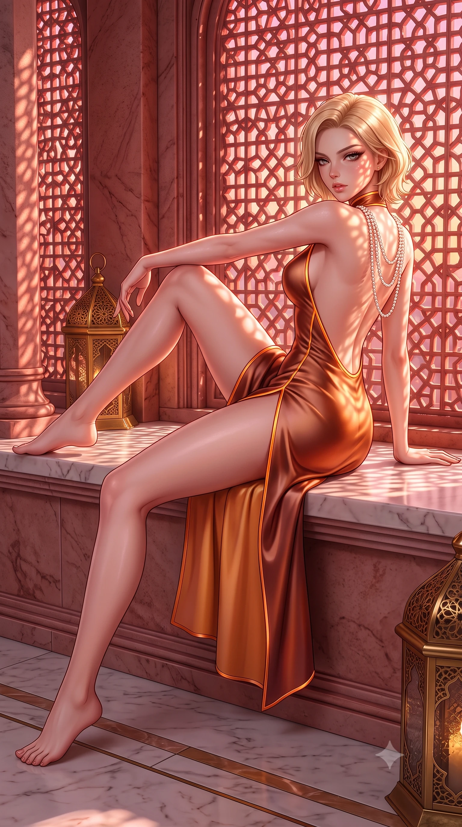 score_9, masterpiece, best quality, ultra-detailed, high-budget anime keyframe, semi-realistic 3D game render, editorial fashion photography, tasteful artistic composition, Caucasian woman. low angle full-body shot from head to toe showing her feet, filling the entire 9:16 vertical frame with her statuesque presence, stretching her vertical silhouette. reclining on her side in an elegant Cleopatra pose with one knee drawn up, the dramatic contour of her rounded hips and long slender legs commanding the 9:16 vertical frame while sitting perched on the marble balcony sill with legs crossed, her long slender legs and narrow waist bathed in warm terracotta and rose sunlight. The surrounding environment is rendered in vivid detail and crisp panoramic clarity. sharp pierced red-and-pink sandstone lattice carvings, marble inlay floor seams, and brass lantern filigree in deep focus. She has an exceptionally tall and slender model-like 8.5-heads proportion, an ultra-slim waist, a flat toned midriff, narrow delicate ribcage, and beautifully sculpted feminine hips creating a graceful, slim hourglass silhouette without any bulky heaviness, with impossibly long slender legs. sharp v-shaped jawline, high-bridge nose, intricate jewel-like eyes with depth, thick eyelashes, glossy parted lips with a natural sheen, intensely captivating and seductive bedroom-eyes expression, flawlessly proportioned anatomical accuracy, strict slender model proportions, natural body alignment, perfectly sculpted long slender limbs, ultra-slim waistline, clean dynamic posture without body distortion. wearing a modernized cyber-qipao mini dress with an ultra-high side slit ascending to the hip and glowing piping in rich copper bronze and warm amber, tailored from ultra-smooth duchess satin with a pearlescent sheen, accented with a multi-strand pearl back necklace cascading down her bare spine to her hips, the dramatically scooped open back descending to the base of her spine, accentuating her razor-sharp statuesque lines and slim hourglass silhouette. illuminated by delicate patterned light filtering through stone lattice screens sculpting her razor-sharp jawline, narrow waist, and curvy hips. highly saturated vibrant anime colors, detailed shading with soft gradients, rich glossy textures, high-contrast stereoscopic depth, volumetric dynamic lighting, master piece, 9:16 ratio