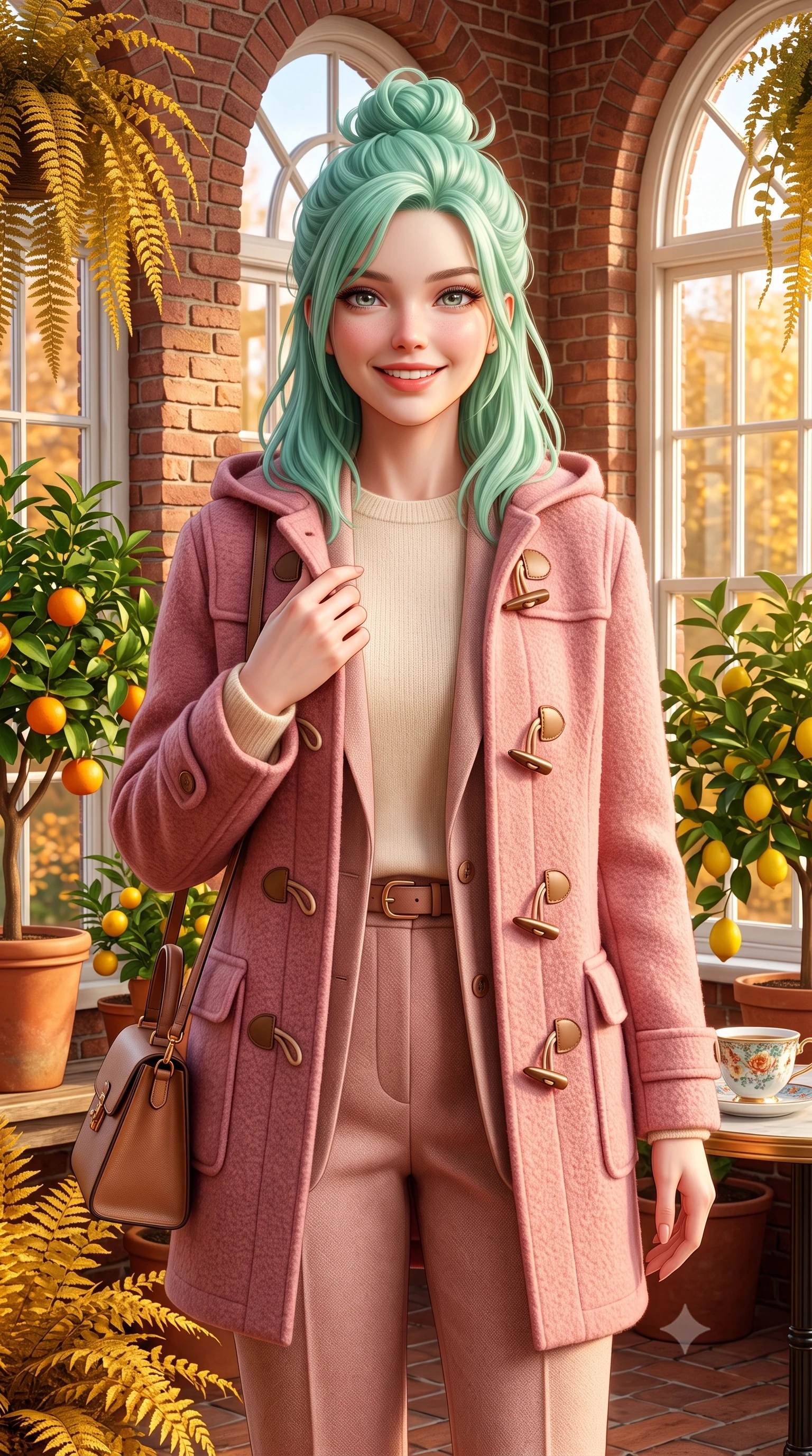 score_9, masterpiece, best quality, ultra-detailed, high-budget anime keyframe, semi-realistic 3D game render, editorial fashion photography, tasteful artistic composition, Japanese woman. close-up cowboy shot from the waist and thighs up, the character dominates the composition, filling the frame with her large presence. resting one hand gracefully on her tailored blazer lapel while looking into the camera with bright, sparkling eyes while standing amidst potted citrus trees and cascading golden ferns inside the historic brick orangery, smiling warmly at the camera. The surrounding environment is rendered in vivid detail and crisp panoramic clarity: sharp red-brick masonry relief, delicate white painted window mullions, and fine porcelain teacup glaze in deep focus. She has an exceptionally elegant, slender, and willowy female figure with an ultra-slim waist, flat toned midriff, narrow ribcage, and sculpted feminine hips creating an alluring, slim hourglass silhouette without bulk. sharp v-shaped jawline, high-bridge nose, intricate jewel-like sparkling eyes with depth, thick eyelashes, glossy parted lips with a natural peach sheen, bright cheerful beaming smile with an enchanting and coquettish sensual glint, exuding both youthful cute charm and seductive allure, flawlessly proportioned anatomical accuracy, strict slender model proportions, natural body alignment, perfectly sculpted long slender limbs, ultra-slim waistline, clean dynamic posture without body distortion. wearing a structured boiled-wool duffle coat with horn toggles over a soft alpaca sweater and tailored wool slacks in Parisian pastel rose bouclé and cream pearl, crafted from rich cotton velvet with deep light-absorbing pile and soft gradients, finished with a structured leather top-handle mini bag resting gracefully at her side, the structured cinched belt emphasizing her narrow waistline and gracefully balanced proportions with timeless haute-couture polish. bathed in warm 3200K autumn sunlight streaming through floor-to-ceiling arched south-facing conservatory windows. highly saturated vibrant anime colors, detailed shading with soft gradients, rich glossy textures, high-contrast stereoscopic depth, volumetric dynamic lighting, master piece, 9:16 ratio