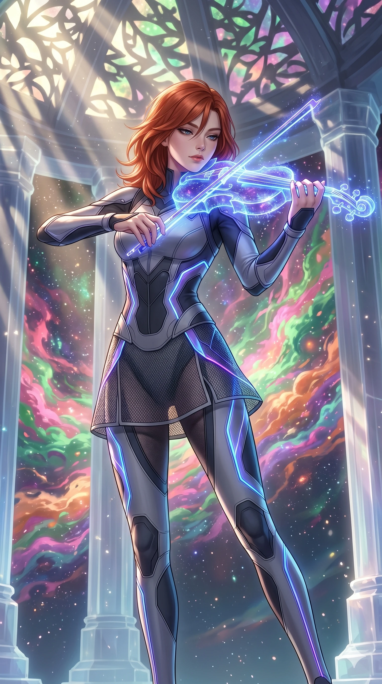 score_9, masterpiece, best quality, ultra-detailed, Set A: High-budget Anime Keyframe, Caucasian (human ears) woman. Upper body close-up from the thighs up, character filling the screen for maximum presence. Theme: Ethereal Dream. playing a holographic violin in a temple made of solid light, with a look of serene power as the sky splits into 298 colors. The atmosphere is filled with cinematic sunlight through leaves. She has an absolutely perfect 8-heads proportion, an exceptionally tall and slender female figure with impossibly long slender legs and an ultra-slim waist. Sharp v-shaped jawline, high-bridge nose, intricate jewel-like eyes with depth, glossy lips. Wearing Modernized ninja gear with glowing neon-veined fabric and a short mesh skirt. Cinematic lighting, vivid colors, dramatic shadows, 2k, ultra detail, master piece, 9:16 ratio