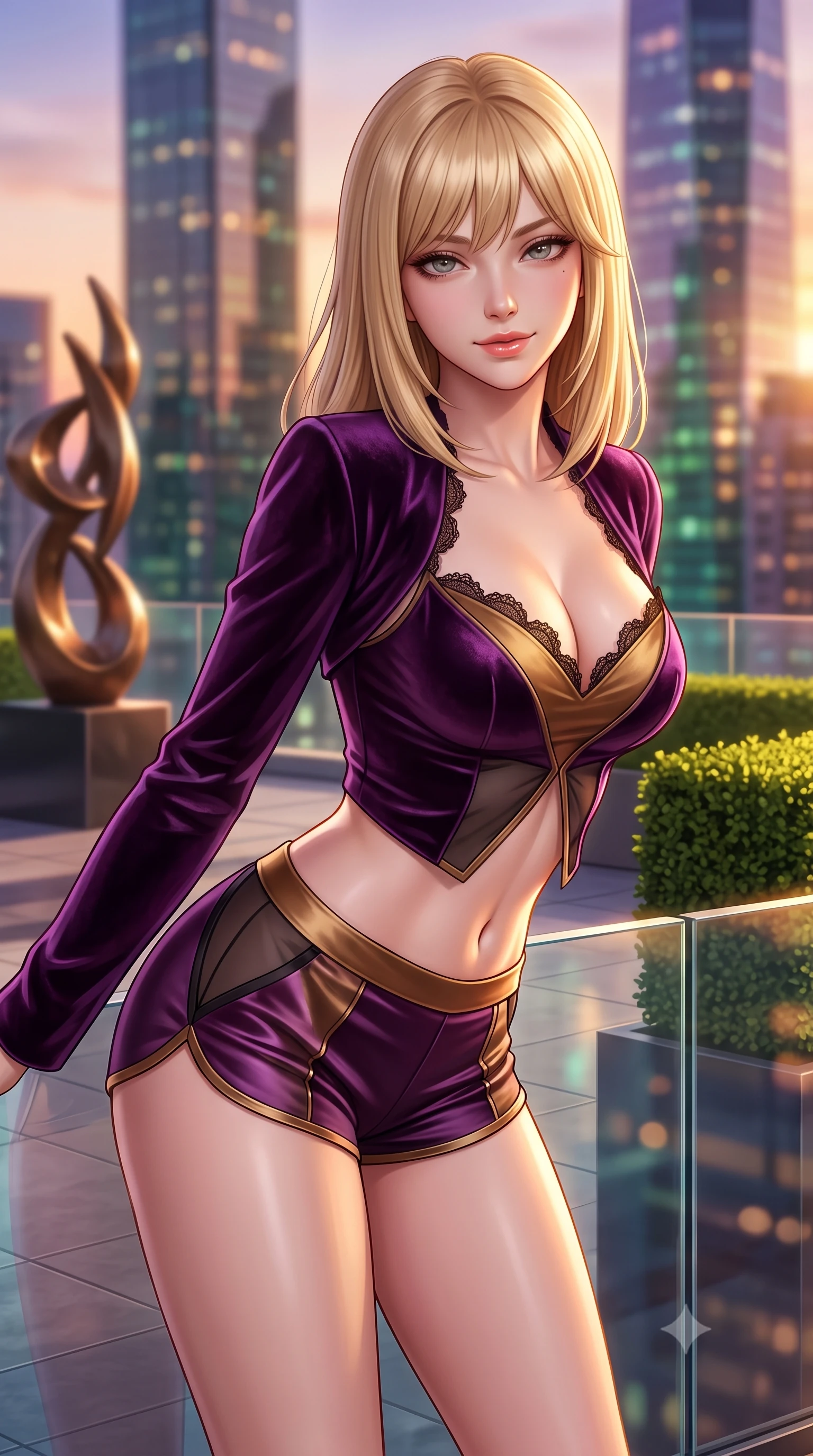 score_9, masterpiece, best quality, ultra-detailed, high-budget anime keyframe, semi-realistic 3D game render, editorial fashion photography, tasteful artistic composition, Japanese woman. close-up cowboy shot from the waist and thighs up, the character dominates the composition, filling the frame with her large presence. leaning forward while arching her lower back to accentuate her curvy hips, looking into the camera with an intoxicating smoldering gaze and bedroom-eyes while twisting her slender torso in an alluring S-curve, evening breezes molding her form-fitting dress to her long slender legs and curvy hips. The background shows a soft-focus abstract bronze sculptures, manicured rooftop boxwood hedges, and glittering architectural glass towers blurred into sunset bronze, emerald, and violet bokeh. She has an exceptionally elegant, slender, and willowy female figure with an ultra-slim waist, flat toned midriff, narrow ribcage, and sculpted feminine hips creating an alluring, slim hourglass silhouette without bulk. sharp v-shaped jawline, high-bridge nose, sparkling eyes with hypnotic seductive depth, thick curled eyelashes, glossy parted lips with a natural dewy peach sheen, alluring bedroom-eyes with an enchanting coquettish smile, exuding magnetic siren charisma and sophisticated glamour, flawlessly proportioned anatomical accuracy, strict slender model proportions, natural body alignment, perfectly sculpted long slender limbs, ultra-slim waistline, clean dynamic posture without body distortion. wearing a modern two-piece vampire siren set featuring an open-front velvet bolero and curve-hugging satin hot-pants in dark plum violet and gilded bronze with sheer obsidian overlays, tailored from ultra-plush velvet with rich tactile depth and deep shadow gradients, finished with scalloped eyelash lace trim framing her sweetheart neckline with intimate elegance, the form-contouring silhouette accentuating her sculpted flat midriff, narrow delicate ribcage, and gracefully curvy hips with intoxicating allure. illuminated by glass balustrade reflections and sharp warm-gold rim lights defining her razor-sharp jawline, narrow waist, and curvy hips. highly saturated vibrant anime colors, detailed shading with soft gradients, rich glossy textures, high-contrast stereoscopic depth, volumetric dynamic lighting, master piece, 9:16 ratio