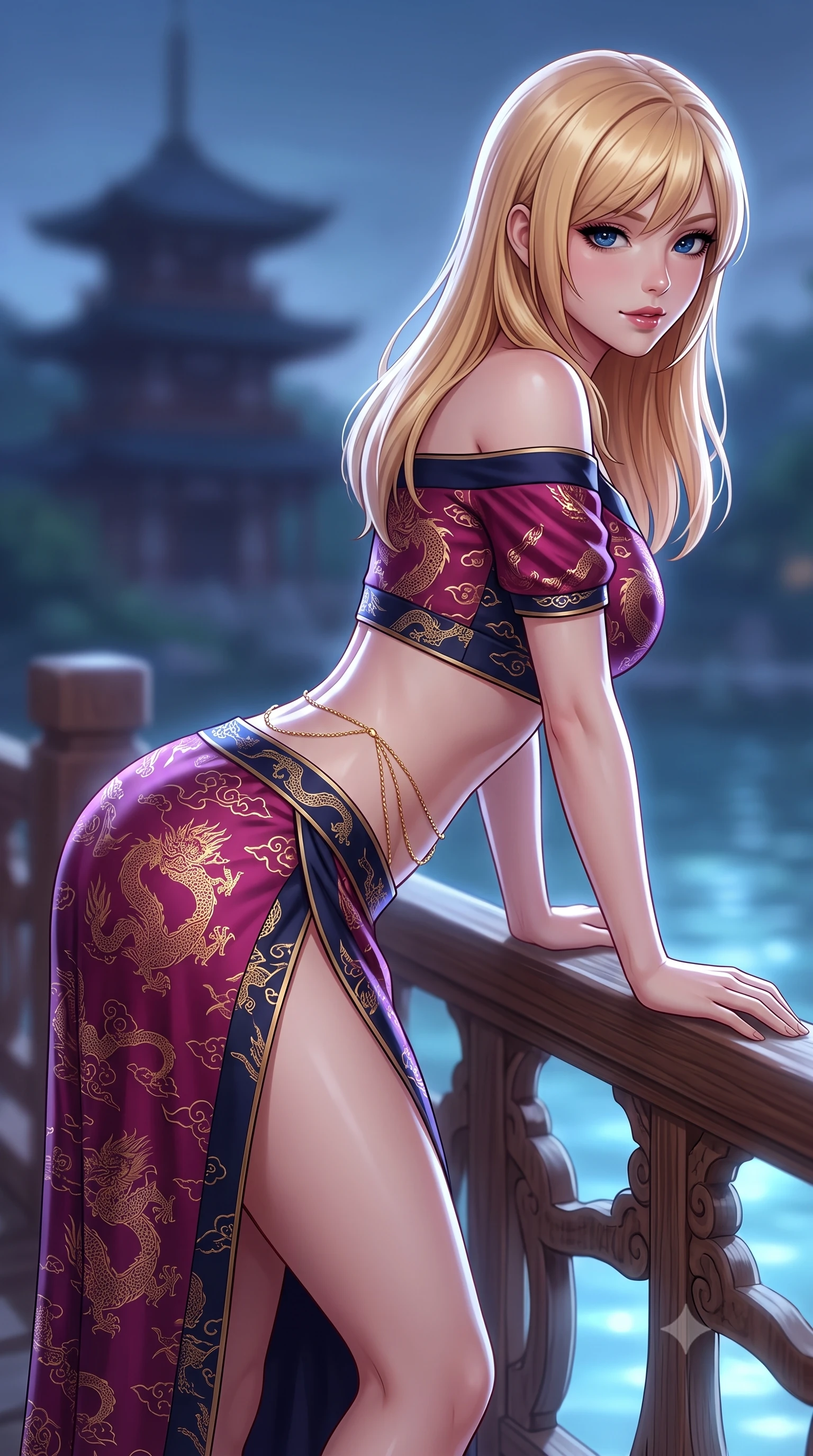 score_9, masterpiece, best quality, ultra-detailed, high-budget anime keyframe, semi-realistic 3D game render, editorial fashion photography, tasteful artistic composition, Caucasian woman. close-up cowboy shot from the waist and thighs up, the character dominates the composition, filling the frame with her large presence. leaning forward over the carved veranda balustrade while arching her lower back to accentuate her curvy hips, looking into the camera with an enchanting coquettish smile and bedroom-eyes while leaning against the curved bridge balustrade with hips cocked back, casting an enchanting, ethereal bedroom-gaze into the glowing waters. The background shows a soft-focus a quiet pagoda silhouette in the distance softened in magical oriental fantasy shallow focus. She has an exceptionally elegant, slender, and willowy female figure with an ultra-slim waist, flat toned midriff, narrow ribcage, and sculpted feminine hips creating an alluring, slim hourglass silhouette without bulk. sharp v-shaped jawline, high-bridge nose, intricate jewel-like dark sparkling almond eyes with depth, thick lashes, glossy parted lips with a natural rose-plum sheen, bright alluring and coquettish smile with bedroom-eyes, exuding both timeless oriental elegance and sovereign high-fashion allure, flawlessly proportioned anatomical accuracy, strict slender model proportions, natural body alignment, perfectly sculpted long slender limbs, ultra-slim waistline, clean dynamic posture without body distortion. wearing a modern two-piece fusion set with an off-shoulder crop blouse and high-slit wrap skirt tracing her curvaceous hips in deep lotus magenta and matte midnight navy, made of rich jacquard silk with intricate embossed dragon and cloud motifs, accented with a delicate gold body chain draping loosely across her flat midriff, the form-contouring cut accentuating her sculpted flat midriff, narrow delicate ribcage, and gracefully curvy hips with regal oriental supermodel elegance. illuminated by soft moonlight and sharp platinum rim lights defining her sculpted collarbones, ultra-slim waist, and curvy hips. highly saturated vibrant anime colors, detailed shading with soft gradients, rich glossy textures, high-contrast stereoscopic depth, volumetric dynamic lighting, master piece, 9:16 ratio