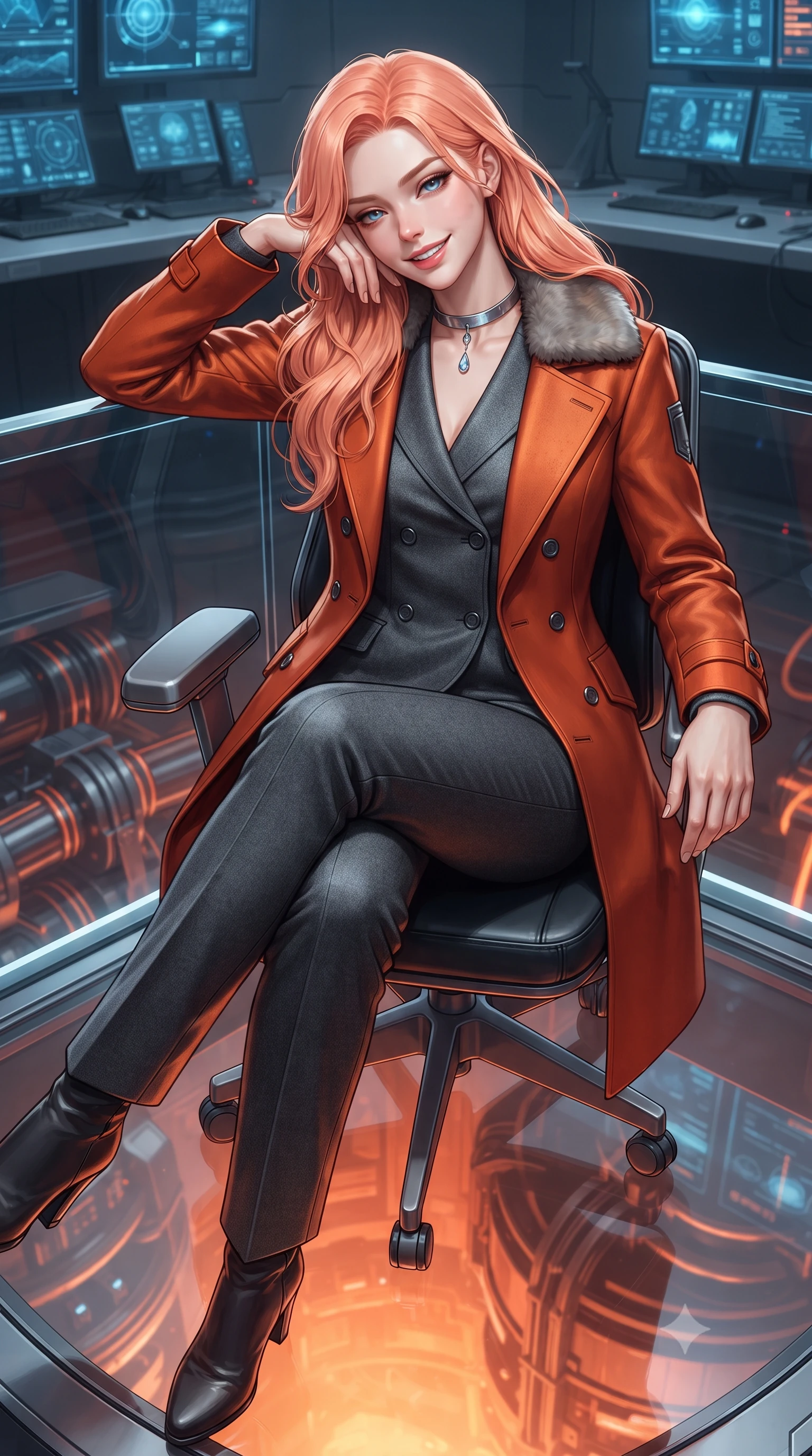 score_9, masterpiece, best quality, ultra-detailed, high-budget anime keyframe, editorial fashion photography, tasteful artistic composition, Japanese woman. close-up cowboy shot from the waist and thighs up, the character dominates the composition, filling the frame with her large presence. leaning back against the balustrade with relaxed seductive grace, head tilted back slightly while casting a hypnotic, heavy-lidded gaze while sitting gracefully on the floating antigravity operator chair with legs crossed, her statuesque 8.5-heads silhouette commanding the geothermal abyss. The surrounding environment is rendered in vivid detail and crisp panoramic clarity: sharp seamless transparent armor-glass floor panels, superconducting laser emitter coils, and digital telemetry monitors in deep focus. She has an exceptionally elegant, slender, and willowy female figure with an ultra-slim waist, flat toned midriff, narrow ribcage, and sculpted feminine hips creating an alluring, slim hourglass silhouette without bulk. sharp v-shaped jawline, high-bridge nose, intricate jewel-like sparkling eyes with depth, thick eyelashes, glossy parted lips with a natural peach sheen, bright cheerful beaming smile with an enchanting and coquettish sensual glint, exuding both youthful cute charm and seductive allure, flawlessly proportioned anatomical accuracy, strict slender model proportions, natural body alignment, perfectly sculpted long slender limbs, ultra-slim waistline, clean dynamic posture without body distortion. wearing a futuristic double-breasted arctic combat officer greatcoat with thermal fur-lined collar and tailored wool trousers in volcanic ember orange and brushed gunmetal, tailored from high-density tech-wool with subtle metallic thread weave, finished with a minimalist chrome choker and a single teardrop diamond pendant, the impeccably tailored cut draping gracefully along her slender figure with aristocratic poise. illuminated by glass floor reflection bounce and sharp magma-amber rim lights sculpting her jawline, narrow waist, and curvy hips. ultra-reflective glossy finish, specular highlights, rich textural contrasts, high-contrast stereoscopic depth, volumetric dynamic lighting, 2k, ultra detail, master piece, 9:16 ratio