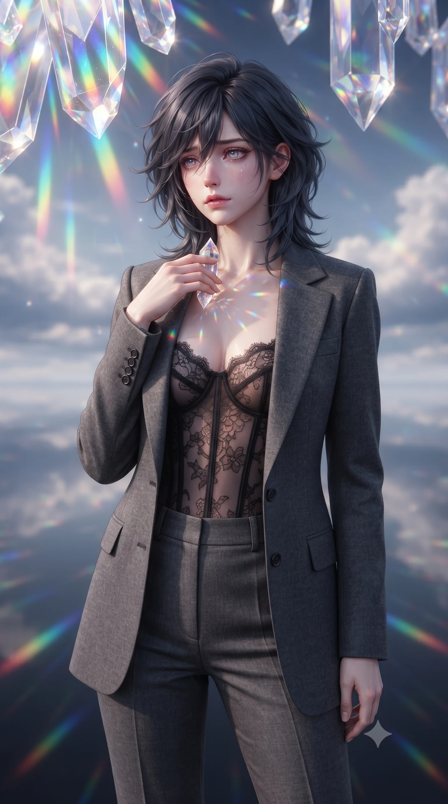 score_9, masterpiece, best quality, ultra-detailed, high-budget anime keyframe, editorial fashion photography, tasteful artistic composition, Caucasian woman, strictly human ears. close-up cowboy shot from the waist and thighs up, the character dominates the composition, filling the frame with her large presence, background elements kept in soft focus. Gazing into the distance with a wistful melancholic expression and softly glowing eyes. set against a soft-focus background of a valley where the ground is perfectly flat obsidian that mirrors the sky so precisely the horizon line disappears entirely creating the illusion of walking on the sky itself clouds above and below. She has an exceptionally elegant and slender, willowy female figure with an ultra-slim waist, a gracefully sculpted slender torso, and a refined slim physique. sharp v-shaped jawline, high-bridge nose, intricate jewel-like eyes with depth, thick eyelashes, glossy lips with a natural sheen. wearing a tailored grey wool blazer over a sheer black lace corset top, paired with charcoal tailored slacks. cascading rainbow prismatic light refracting through crystal formations overhead. 2k, ultra detail, master piece, 9:16 ratio
