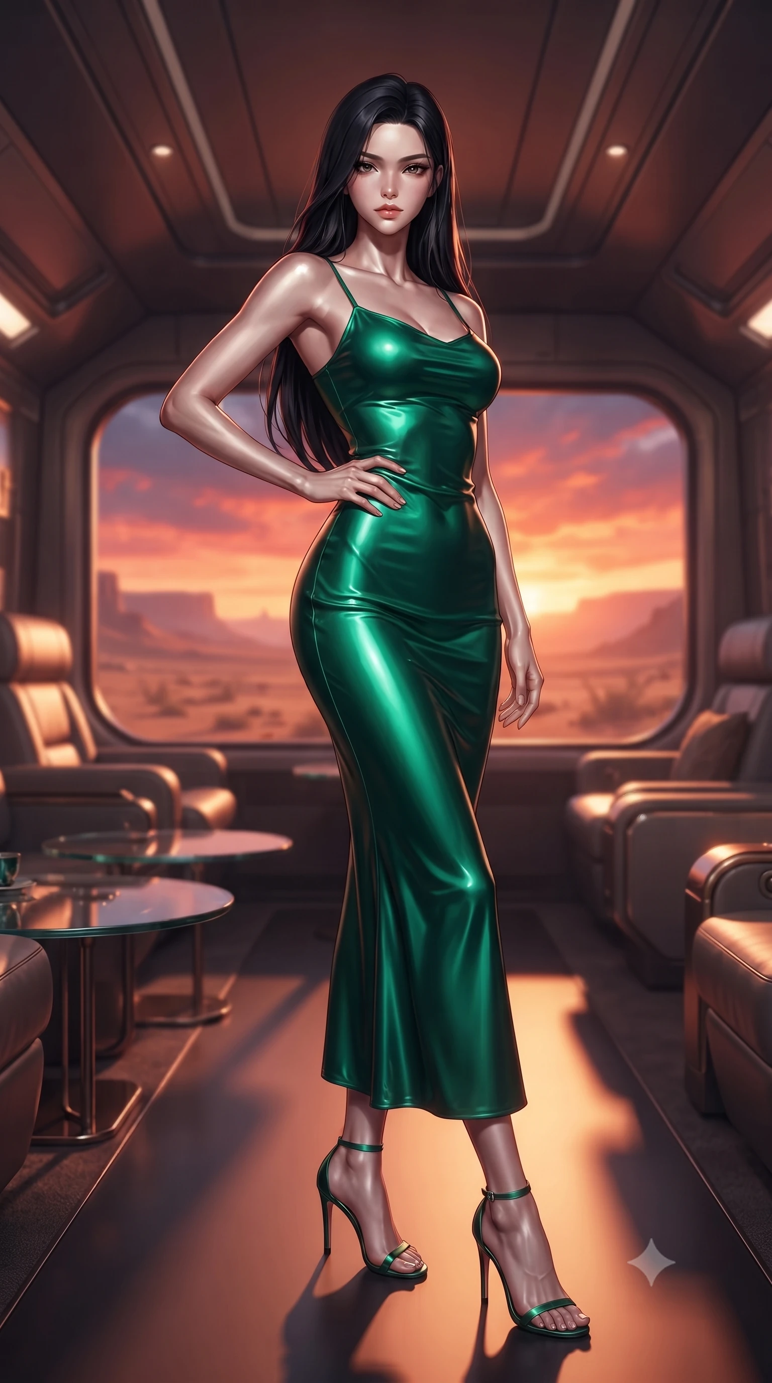 score_9, masterpiece, best quality, ultra-detailed, high-budget anime keyframe, editorial fashion photography, tasteful artistic composition, Korean woman. low angle full-body shot from head to toe showing her feet, filling the entire 9:16 vertical frame with her statuesque presence, stretching her vertical silhouette. posing confidently with one hand on her hip, stretching her statuesque body to emphasize her curves the background shows a soft-focus the VIP lounge of a futuristic trans-continental train crossing a desert valley. She has an absolutely perfect, statuesque 8.5-heads proportion, an exceptionally tall and slender model-like female figure with impossibly long slender legs and an ultra-slim waist. sharp v-shaped jawline, high-bridge nose, intricate jewel-like eyes with depth, thick eyelashes, glossy lips with a natural sheen. wearing a slim-fit form-contouring emerald green silk slip dress that hugs her slender waist and hips. the dramatic orange glow of a desert sunset casting long shadows across the cabin. ultra-reflective glossy finish, specular highlights, metallic sheen, high-contrast stereoscopic depth, volumetric dynamic lighting, 2k, ultra detail, master piece, 9:16 ratio