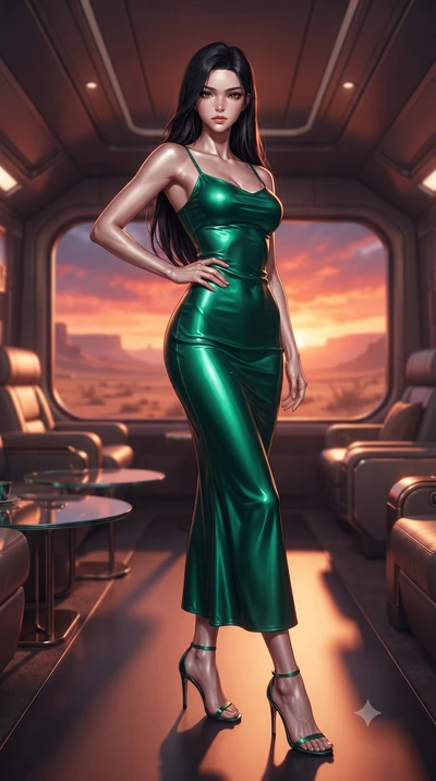score_9, masterpiece, best quality, ultra-detailed, high-budget anime keyframe, editorial fashion photography, tasteful artistic composition, Korean woman. low angle full-body shot from head to toe showing her feet, filling the entire 9:16 vertical f