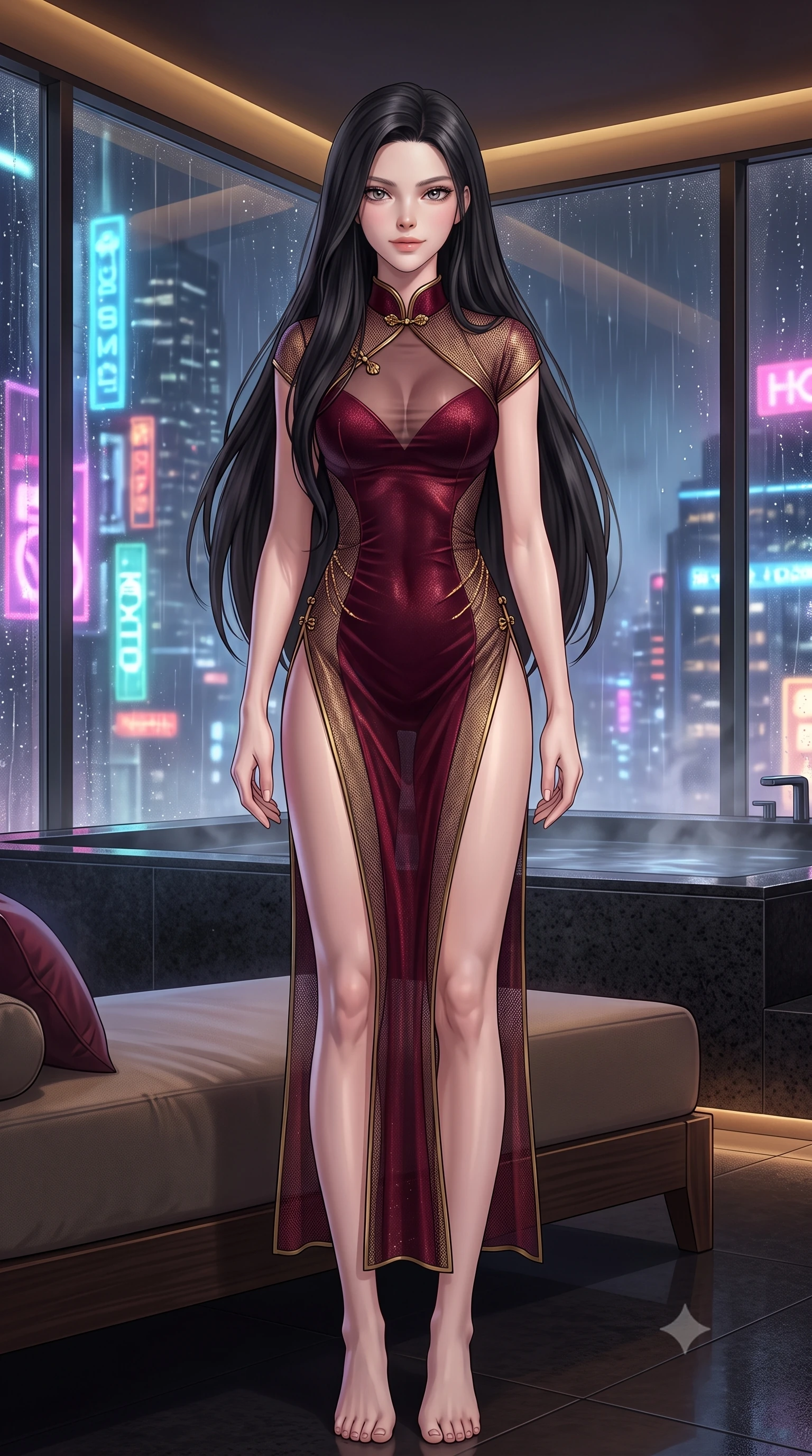 score_9, masterpiece, best quality, ultra-detailed, high-budget anime keyframe, semi-realistic 3D game render, editorial fashion photography, tasteful artistic composition, Korean woman. low angle full-body shot from head to toe showing her feet, filling the entire 9:16 vertical frame with her statuesque presence, stretching her vertical silhouette. lounging on the lavish daybed with legs crossed and hips angled toward the camera, displaying her toned midriff and long slender limbs with effortless siren poise while twisting her slender torso in an alluring contrapposto stance, shimmering neon reflections and thermal bath vapor caressing her flat midriff and hips. The surrounding environment is rendered in vivid detail and crisp panoramic clarity: sharp frameless glass corner structural joints, honed black granite tub textures, and condensation water beads in deep focus. She has an exceptionally tall and slender model-like 8.5-heads proportion, an ultra-slim waist, a flat toned midriff, narrow delicate ribcage, and beautifully sculpted feminine hips creating a graceful, slim hourglass silhouette without any bulky heaviness, with impossibly long slender legs. sharp v-shaped jawline, high-bridge nose, intricate jewel-like sparkling eyes with depth, thick eyelashes, glossy parted lips with a natural peach sheen, bright cheerful beaming smile with an enchanting and coquettish sensual glint, exuding both youthful cute charm and seductive allure, flawlessly proportioned anatomical accuracy, strict slender model proportions, natural body alignment, perfectly sculpted long slender limbs, ultra-slim waistline, clean dynamic posture without body distortion. wearing a provocative sheer silk organza modern qipao dress with dramatic hip-high side slits and translucent mesh frog-button bodice in French boudoir bordeaux wine and antique brass, woven from stretch metallic lurex jersey casting radiant starlight glints across her curves, accented with an open-back drape framed by falling strands of delicate gold chains, the form-contouring silhouette accentuating her sculpted flat midriff, narrow delicate ribcage, and gracefully curvy hips with intoxicating allure. bathed in the dramatic neon ambient of the cyberpunk metropolis contrasted with dim 2800K recessed cove downlights. highly saturated vibrant anime colors, detailed shading with soft gradients, rich glossy textures, high-contrast stereoscopic depth, volumetric dynamic lighting, master piece, 9:16 ratio