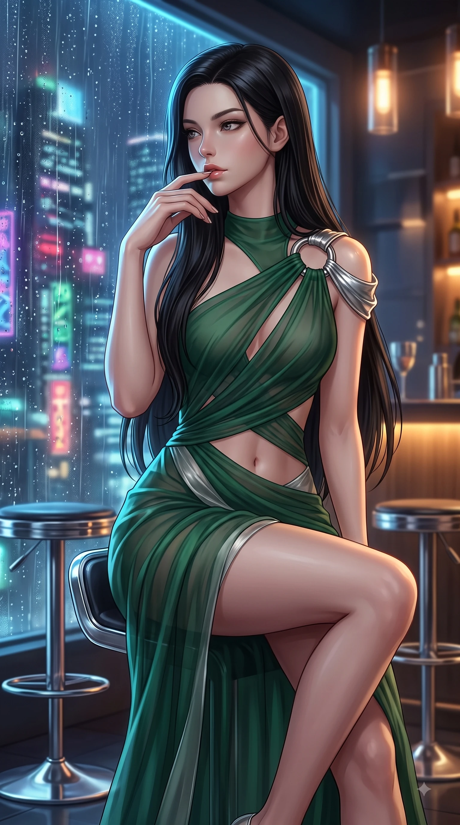 score_9, masterpiece, best quality, ultra-detailed, high-budget anime keyframe, editorial fashion photography, tasteful artistic composition, Korean woman. close-up cowboy shot from the waist and thighs up, the character dominates the composition, filling the frame with her large presence, background elements kept in soft focus. Resting two fingers near her glossy lips, casting a sharp mysterious side-gaze during her dynamic motion while perched on a sleek chrome barstool in a futuristic sky-lounge overlooking rain-slicked city streets, rain droplets glistening on the window glass with colorful neon city reflections. She has an exceptionally elegant, slender, and willowy female figure with an ultra-slim waist, a gracefully sculpted slender torso, and a refined silhouette. sharp v-shaped jawline, high-bridge nose, intricate jewel-like eyes with depth, thick eyelashes, glossy lips with a natural sheen, flawlessly proportioned anatomical accuracy, natural body alignment, perfectly sculpted elegant limbs, clean dynamic posture without body distortion. wearing an asymmetrical Grecian draped chiffon gown with a metallic shoulder ring in deep emerald green and silver accent, woven from fine semi-opaque sheer organza, featuring subtle geometric cutouts that highlight her ultra-slim midriff, the elegant draped fit framing her graceful clavicle and slender torso. illuminated by warm indoor bar amber light and cool rainy blue neon rim light. ultra-reflective glossy finish, specular highlights, metallic sheen, high-contrast stereoscopic depth, volumetric dynamic lighting, 2k, ultra detail, master piece, 9:16 ratio