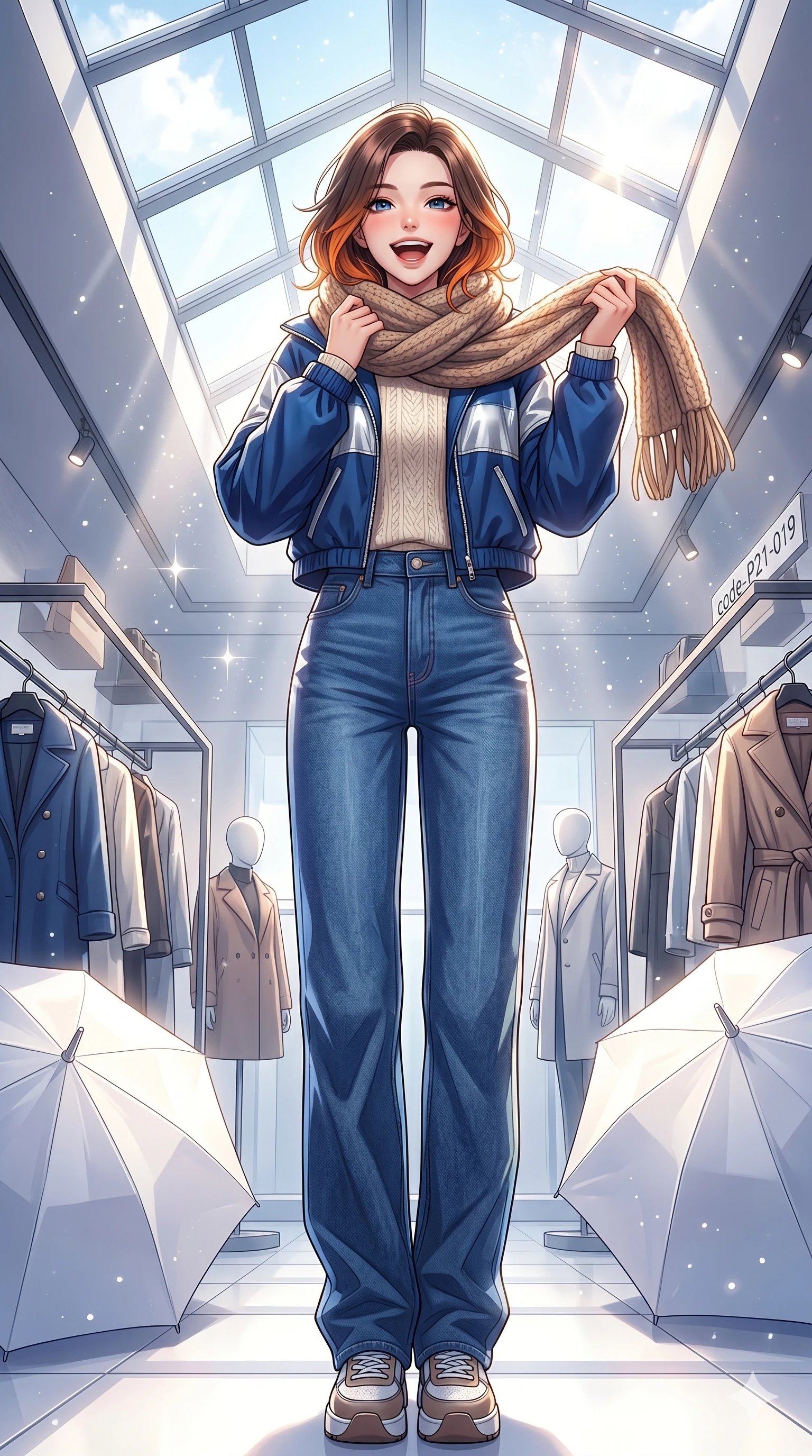 score_9, masterpiece, best quality, ultra-detailed, high-budget anime keyframe, vibrant anime aesthetic, Korean woman. low angle full-body shot from head to toe showing her feet, filling the entire 9:16 vertical frame with her statuesque presence, stretching her vertical silhouette. She is posing with a cheerful laugh while holding a warm woolen scarf inside a designer showroom featuring the winter collection, under bright skylights (Code-P21-019). She has an absolutely perfect 8-heads proportion, an exceptionally tall and slender female figure with impossibly long slender legs and an ultra-slim waist. V-shaped jawline, high-bridge nose, intricate jewel-like eyes with depth, thick eyelashes, glossy lips with a natural sheen. wearing a high-fashion windbreaker over a knit top and wide-leg denim in winter. She is surrounded by bright sunbeams reflecting off white umbrellas, creating a luminous winter glow. 2k, ultra detail, master piece, 9:16 ratio