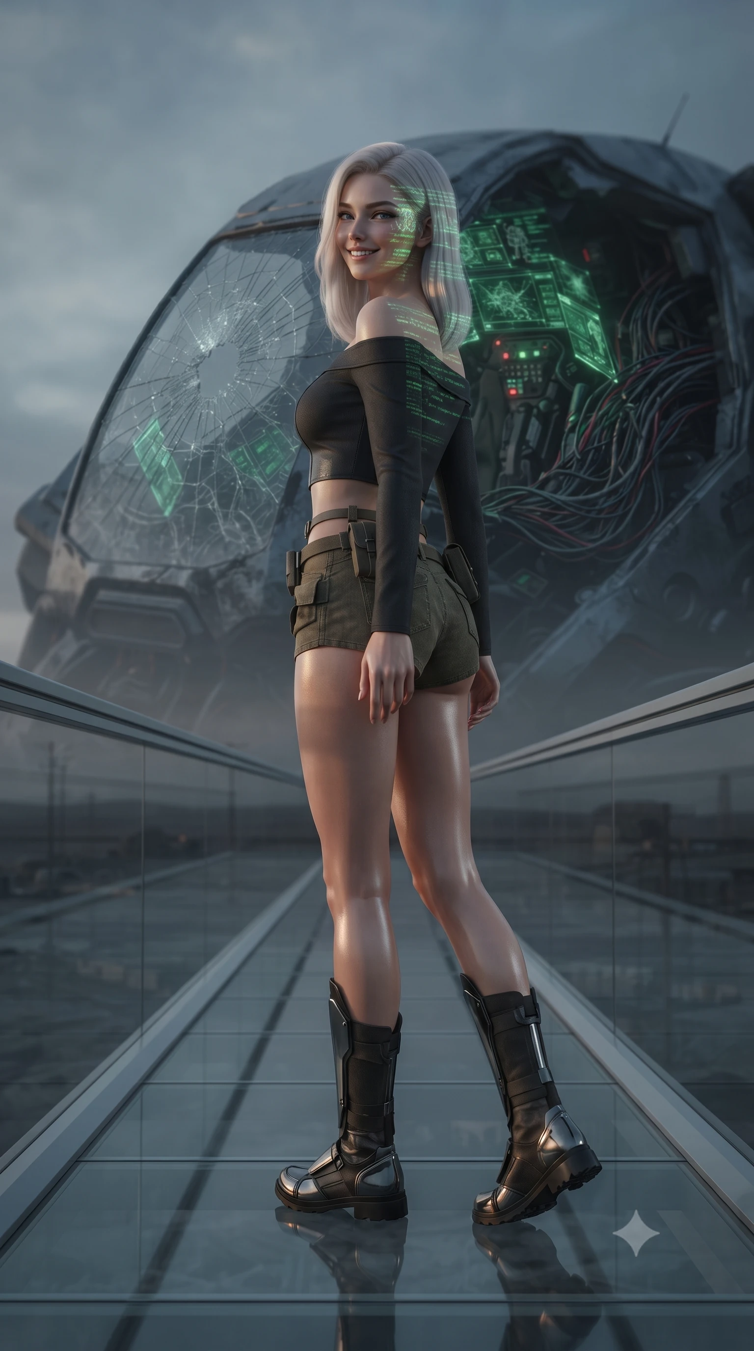 score_9, masterpiece, best quality, ultra-detailed, high-budget anime keyframe, editorial fashion photography, tasteful artistic composition, Caucasian woman. low angle full-body shot from head to toe showing her feet, filling the entire 9:16 vertical frame with her statuesque presence, stretching her vertical silhouette. walking slowly along a glass skybridge, looking back over her shoulder with an air of effortless grace, the background shows a soft-focus the cockpit of a crashed colossal mech with cracked glass and exposed wire bundles. She has an absolutely perfect, statuesque 8.5-heads proportion, an exceptionally tall and slender model-like female figure with impossibly long slender legs and an ultra-slim waist. sharp v-shaped jawline, high-bridge nose, intricate jewel-like eyes with depth, thick eyelashes, glossy lips with a natural sheen. wearing a tailored chic off-shoulder carbon-plate crop top, paired with high-waisted utility micro-shorts. flickering green cockpit telemetry lights projecting code lines on her face. ultra-reflective glossy finish, specular highlights, metallic sheen, high-contrast stereoscopic depth, volumetric dynamic lighting, 2k, ultra detail, master piece, 9:16 ratio