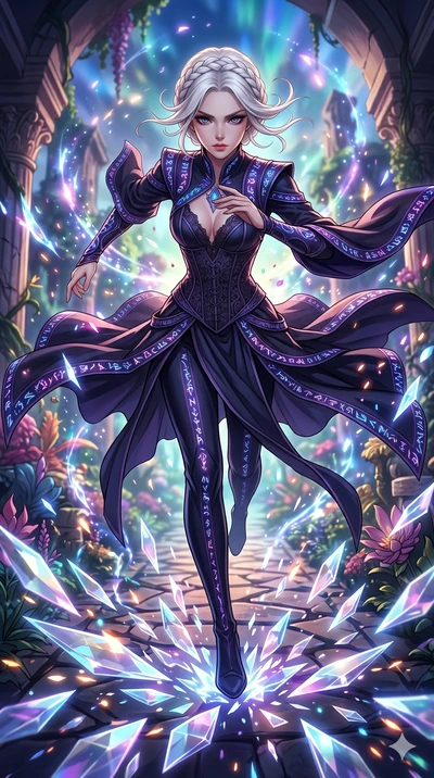 score_9, masterpiece, best quality, ultra-detailed, Set A: High-budget Anime Keyframe, Korean woman. Low angle cowboy shot filling the entire 9:16 frame with her statuesque presence. Sprinting through a floating botanical garden, as the ground beneat