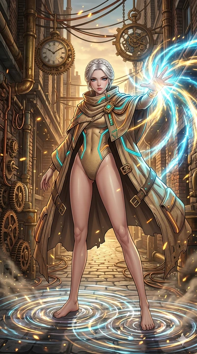 score_9, masterpiece, best quality, ultra-detailed, Set A: High-budget Anime Keyframe, Japanese woman. Low angle cowboy shot filling the entire 9:16 frame with her statuesque presence. Theme: Urban Decay. unleashing a massive energy wave in a steampu