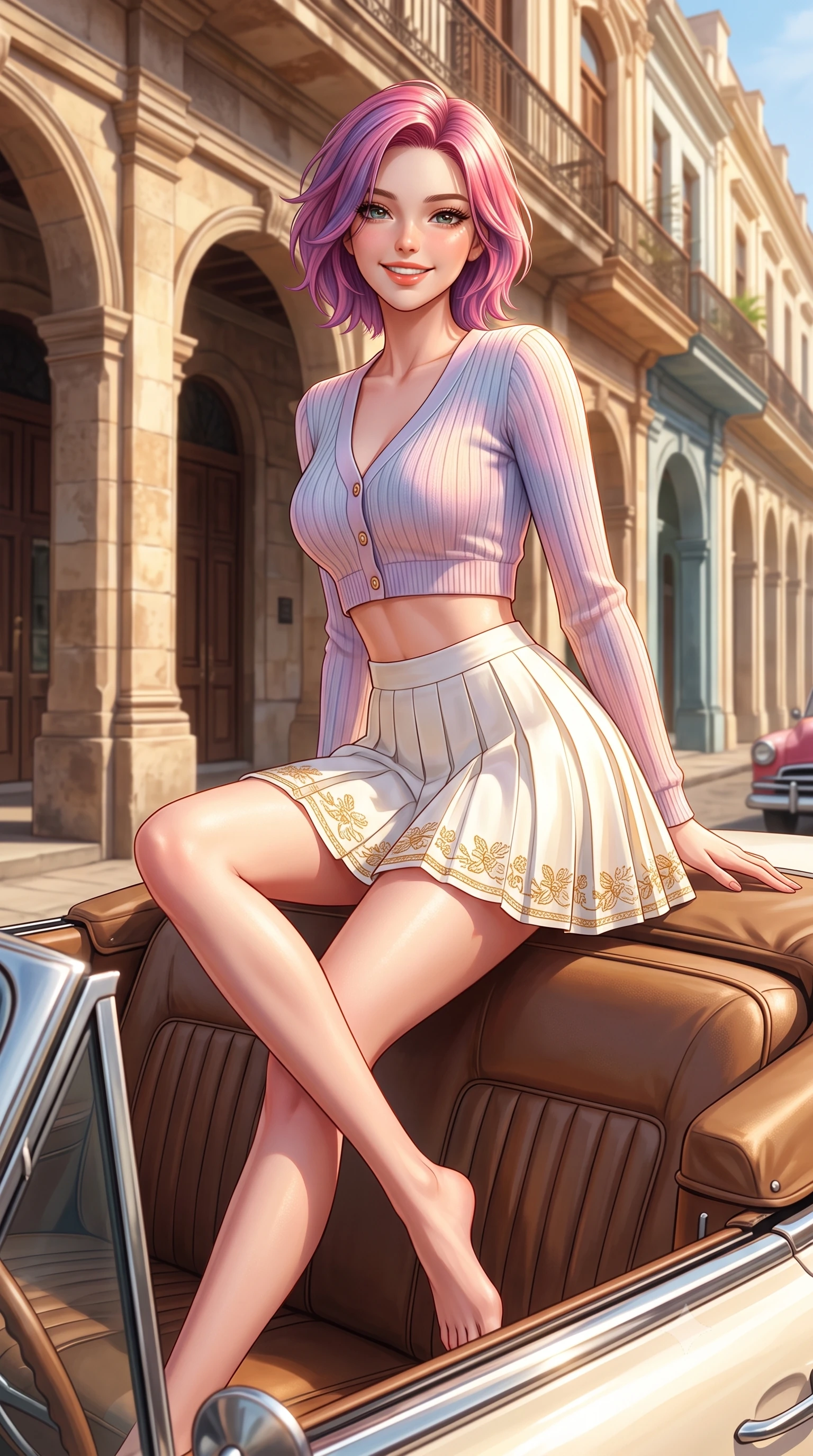 score_9, masterpiece, best quality, ultra-detailed, high-budget anime keyframe, semi-realistic 3D game render, editorial fashion photography, tasteful artistic composition, Caucasian woman. low angle full-body shot from head to toe showing her feet, filling the entire 9:16 vertical frame with her statuesque presence, stretching her vertical silhouette. leaning deep against the sunlit architecture with hips cocked back in a cute yet unapologetically alluring high-fashion stance, flashing a warm beaming smile while sitting perched on the car's leather upholstery with legs crossed, her flat midriff and feminine hips highlighted by vibrant Caribbean sunlight. The surrounding environment is rendered in vivid detail and crisp panoramic clarity. detailed linen sundress weave, tropical sun glints on skin, and Old Havana street architecture in high resolution. She has an exceptionally tall and slender model-like 8.5-heads proportion, an ultra-slim waist, a flat toned midriff, narrow delicate ribcage, and beautifully sculpted feminine hips creating a graceful, slim hourglass silhouette without any bulky heaviness, with impossibly long slender legs. sharp v-shaped jawline, high-bridge nose, intricate jewel-like sparkling eyes with depth, thick eyelashes, glossy parted lips with a natural peach sheen, bright cheerful beaming smile with an enchanting and coquettish sensual glint, exuding both youthful cute charm and seductive allure, flawlessly proportioned anatomical accuracy, strict slender model proportions, natural body alignment, perfectly sculpted long slender limbs, ultra-slim waistline, clean dynamic posture without body distortion. wearing a cropped pastel ribbed knit cardigan paired with an ultra-short high-waisted pleated tennis skirt clinging tightly to her curvy hips in pure alabaster white and sun-kissed gold, tailored from crisp cotton poplin with clean structural lines, complemented by delicate embroidered floral trim along the hem, the form-contouring cut accentuating her sculpted flat midriff, narrow delicate ribcage, and gracefully curvy hips with supermodel precision. illuminated by warm wall bounce light sharply sculpting her razor-sharp jawline, narrow waist, and curvy hips. highly saturated vibrant anime colors, detailed shading with soft gradients, rich glossy textures, high-contrast stereoscopic depth, volumetric dynamic lighting, master piece, 9:16 ratio