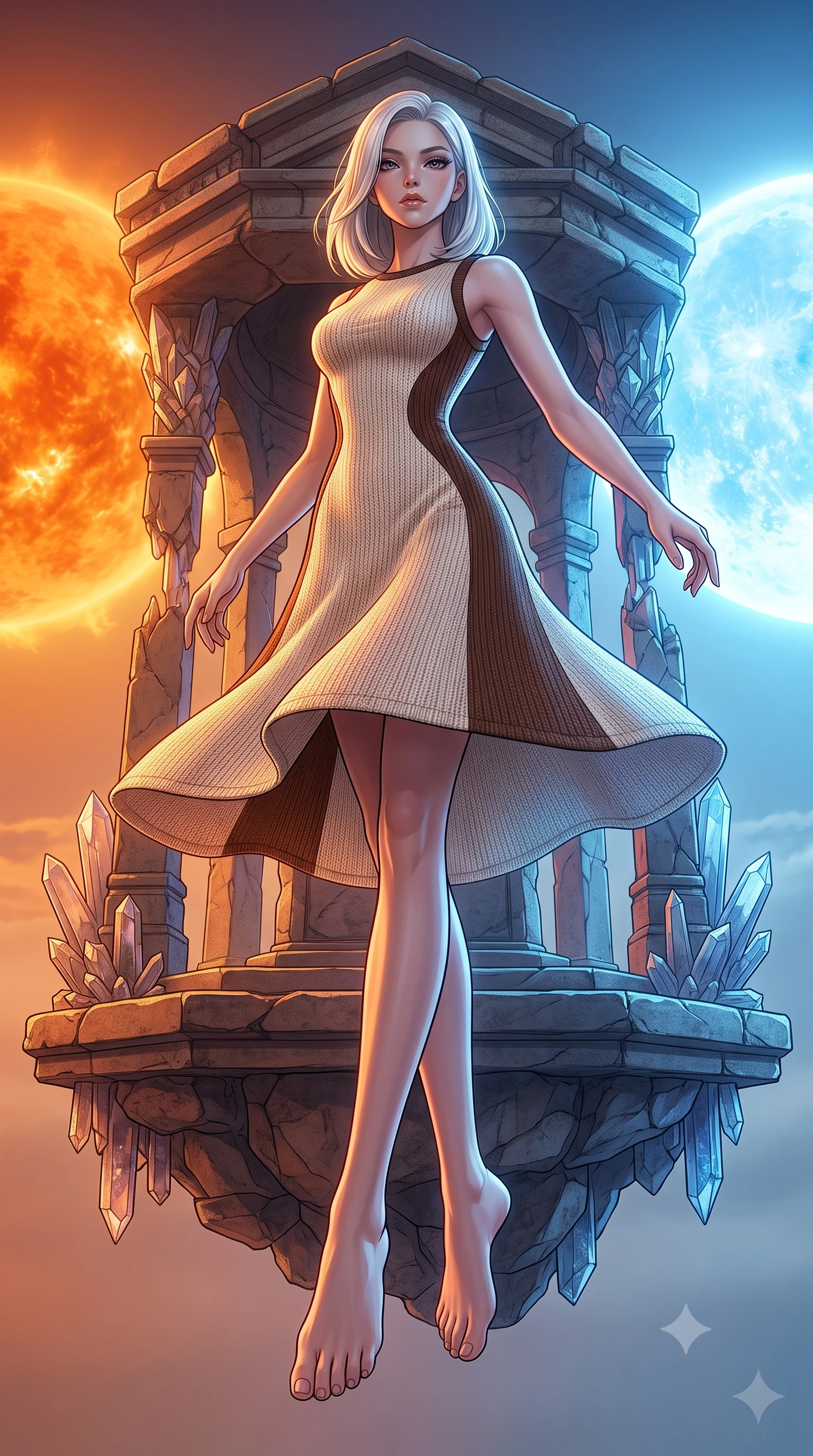 score_9, masterpiece, best quality, ultra-detailed, high-budget anime keyframe, editorial fashion photography, tasteful artistic composition, Korean woman. low angle full-body shot from head to toe showing her feet, filling the entire 9:16 vertical frame with her statuesque presence, stretching her vertical silhouette. twirling with balletic elegance inside a floating stone shrine suspended in the gravitational balance point between two suns one burning deep orange and the other brilliant blue creating a perpetual dual-colored twilight on every surface. She has a statuesque 8.5-heads proportion, an exceptionally tall, slender and willowy model-like build with impossibly long legs and a highly sculpted ultra-slim waist. sharp v-shaped jawline, high-bridge nose, intricate jewel-like eyes with depth, thick eyelashes, glossy lips with a natural sheen. wearing a knitted body-mapping dress in cream with chocolate brown side panels that create an optical waist-narrowing effect. dramatic split lighting with warm orange from the left and cool blue from the right meeting in complex color-mixing on every surface and on her skin. 2k, ultra detail, master piece, 9:16 ratio