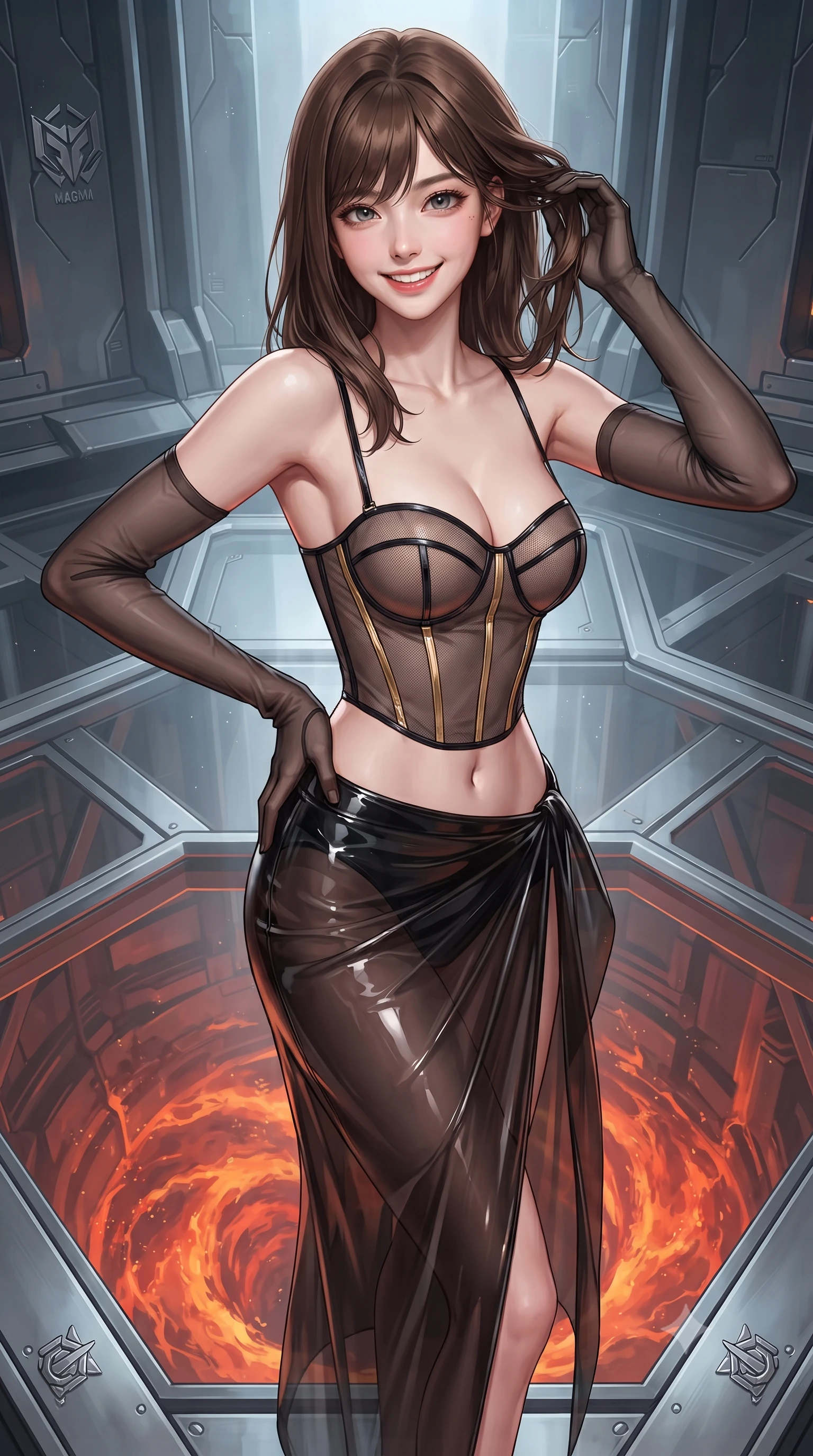 score_9, masterpiece, best quality, ultra-detailed, high-budget anime keyframe, editorial fashion photography, tasteful artistic composition, Korean woman. close-up cowboy shot from the waist and thighs up, the character dominates the composition, filling the frame with her large presence. twisting her slender torso in an alluring contrapposto stance, one hand resting on her sculpted hip while her fingers toy with her hair with effortless poise while standing poised on the suspended glass-and-titanium platform directly over a churning subterranean magma vortex, arching her back with high-fashion supermodel confidence. The surrounding environment is rendered in vivid detail and crisp panoramic clarity: detailed dress uniform tailoring, metallic insignias, and futuristic deep-earth energy architecture in razor-sharp precision. She has an exceptionally elegant, slender, and willowy female figure with an ultra-slim waist, flat toned midriff, narrow ribcage, and sculpted feminine hips creating an alluring, slim hourglass silhouette without bulk. sharp v-shaped jawline, high-bridge nose, intricate jewel-like sparkling eyes with depth, thick eyelashes, glossy parted lips with a natural peach sheen, bright cheerful beaming smile with an enchanting and coquettish sensual glint, exuding both youthful cute charm and seductive allure, flawlessly proportioned anatomical accuracy, strict slender model proportions, natural body alignment, perfectly sculpted long slender limbs, ultra-slim waistline, clean dynamic posture without body distortion. wearing a provocative translucent mesh corset bodice with boned satin channels paired with a sheer chiffon wrap maxi skirt in singularity accretion gold and space void onyx, tailored from high-gloss patent leather with mirror-like specular highlights, complemented by sheer opera-length evening gloves tracing her slender arms, the second-skin tailored fabric adhering flawlessly to her sculpted flat midriff and slender torso, emphasizing her long leg lines and perfectly proportioned willowy build. illuminated by glass floor reflection bounce and sharp magma-amber rim lights sculpting her jawline, narrow waist, and curvy hips. ultra-reflective glossy finish, specular highlights, rich textural contrasts, high-contrast stereoscopic depth, volumetric dynamic lighting, 2k, ultra detail, master piece, 9:16 ratio