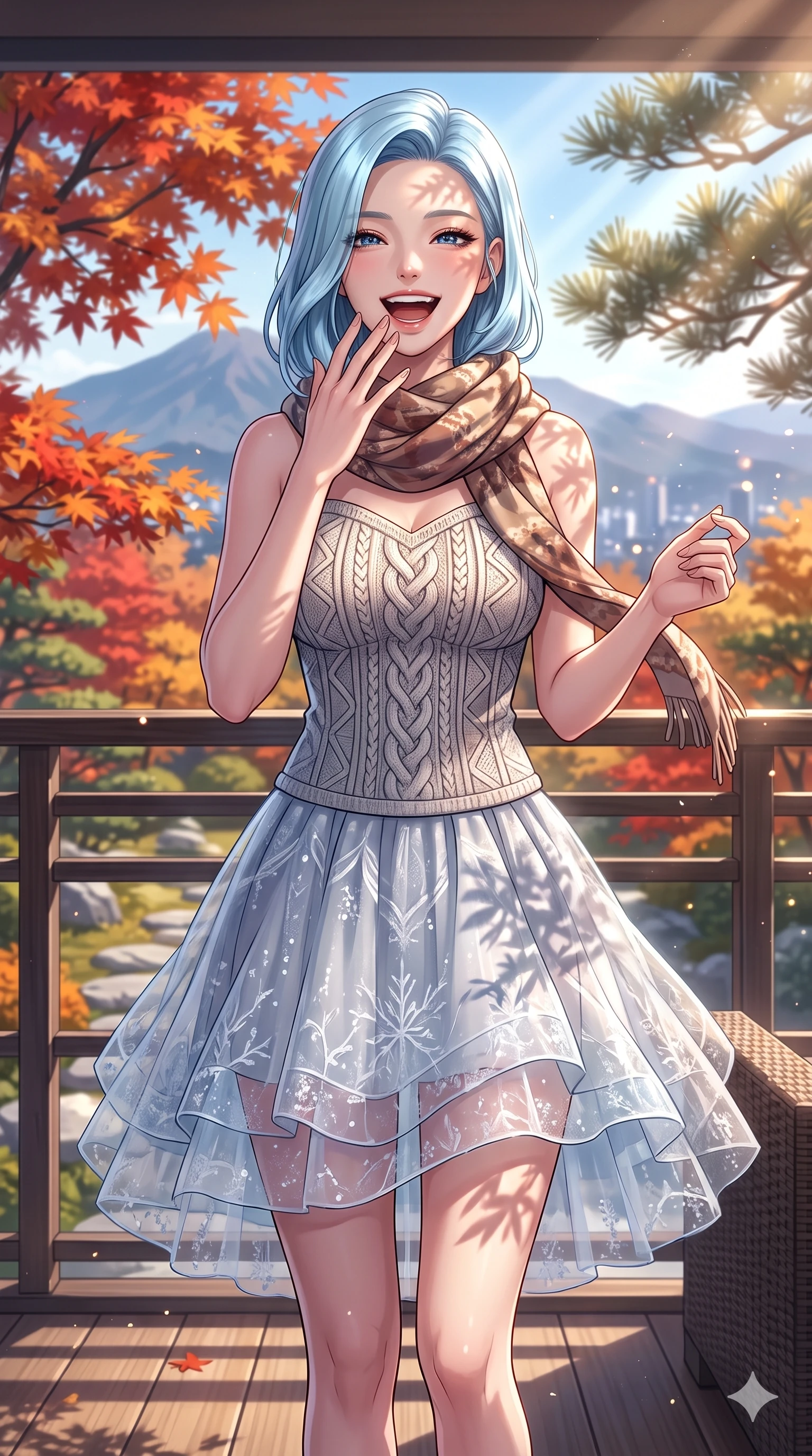 score_9, masterpiece, best quality, ultra-detailed, high-budget anime keyframe, vibrant anime aesthetic, Korean woman. cowboy shot from the thighs up, character and outfit filling the frame for maximum presence. She is posing with a cheerful winter laugh, looking directly into the lens on a hotel suite terrace with autumn maples (Code-P21-148). She has an absolutely perfect 8-heads proportion, an exceptionally tall and slender female figure with impossibly long slender legs and an ultra-slim waist. V-shaped jawline, high-bridge nose, intricate jewel-like eyes with depth, thick eyelashes, glossy lips with a natural sheen. wearing a patterned textured knit-inspired structured bodice top paired with a translucent winter skirt. She is drenched in brilliant afternoon winter sunshine, casting patterns of pine leaves over her. 2k, ultra detail, master piece, 9:16 ratio