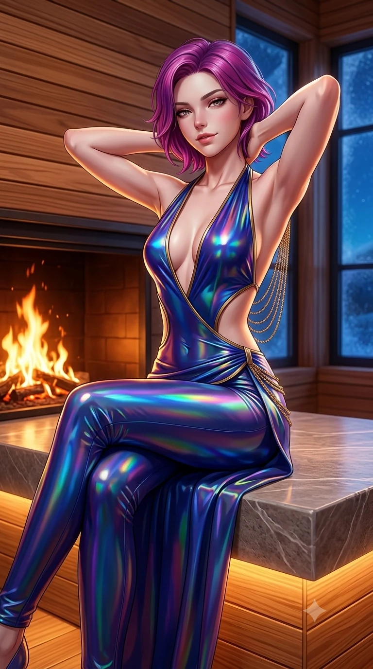 score_9, masterpiece, best quality, ultra-detailed, high-budget anime keyframe, semi-realistic 3D game render, editorial fashion photography, tasteful artistic composition, Caucasian woman. close-up cowboy shot from the waist and thighs up, the character dominates the composition, filling the frame with her large presence. resting both hands lightly behind her neck with elbows raised, arching her spine to highlight her narrow waist, flat midriff, and breathtaking collarbones while sitting gracefully on the raised soapstone hearth with legs crossed, gazing through frosted glass facets at the arctic night sky with smoldering eyes. The surrounding environment is rendered in vivid detail and crisp panoramic clarity: sharp horizontal cedar slat grain, crackling open hearth flames, and polished Nordic soapstone hearth edges in crisp focus. She has an exceptionally elegant, slender, and willowy female figure with an ultra-slim waist, flat toned midriff, narrow ribcage, and sculpted feminine hips creating an alluring, slim hourglass silhouette without bulk. sharp v-shaped jawline, high-bridge nose, sparkling eyes with hypnotic seductive depth, thick curled eyelashes, glossy parted lips with a natural dewy peach sheen, alluring bedroom-eyes with an enchanting coquettish smile, exuding magnetic siren charisma and sophisticated glamour, flawlessly proportioned anatomical accuracy, strict slender model proportions, natural body alignment, perfectly sculpted long slender limbs, ultra-slim waistline, clean dynamic posture without body distortion. wearing a deep-V halterneck liquid jersey catsuit with side waist cutouts and open spine in royal lapis lazuli and burnished brass, crafted from iridescent holographic latex reflecting shifting prismatic hues, accented with an open-back drape framed by falling strands of delicate gold chains, the high-slit wrap tailoring accentuating her ultra-slim waistline and the enchanting curve of her feminine hips with alluring seductive charm. bathed in warm 2600K amber under-bench LED lighting contrasting with arctic twilight blue through the glass. highly saturated vibrant anime colors, detailed shading with soft gradients, rich glossy textures, high-contrast stereoscopic depth, volumetric dynamic lighting, master piece, 9:16 ratio