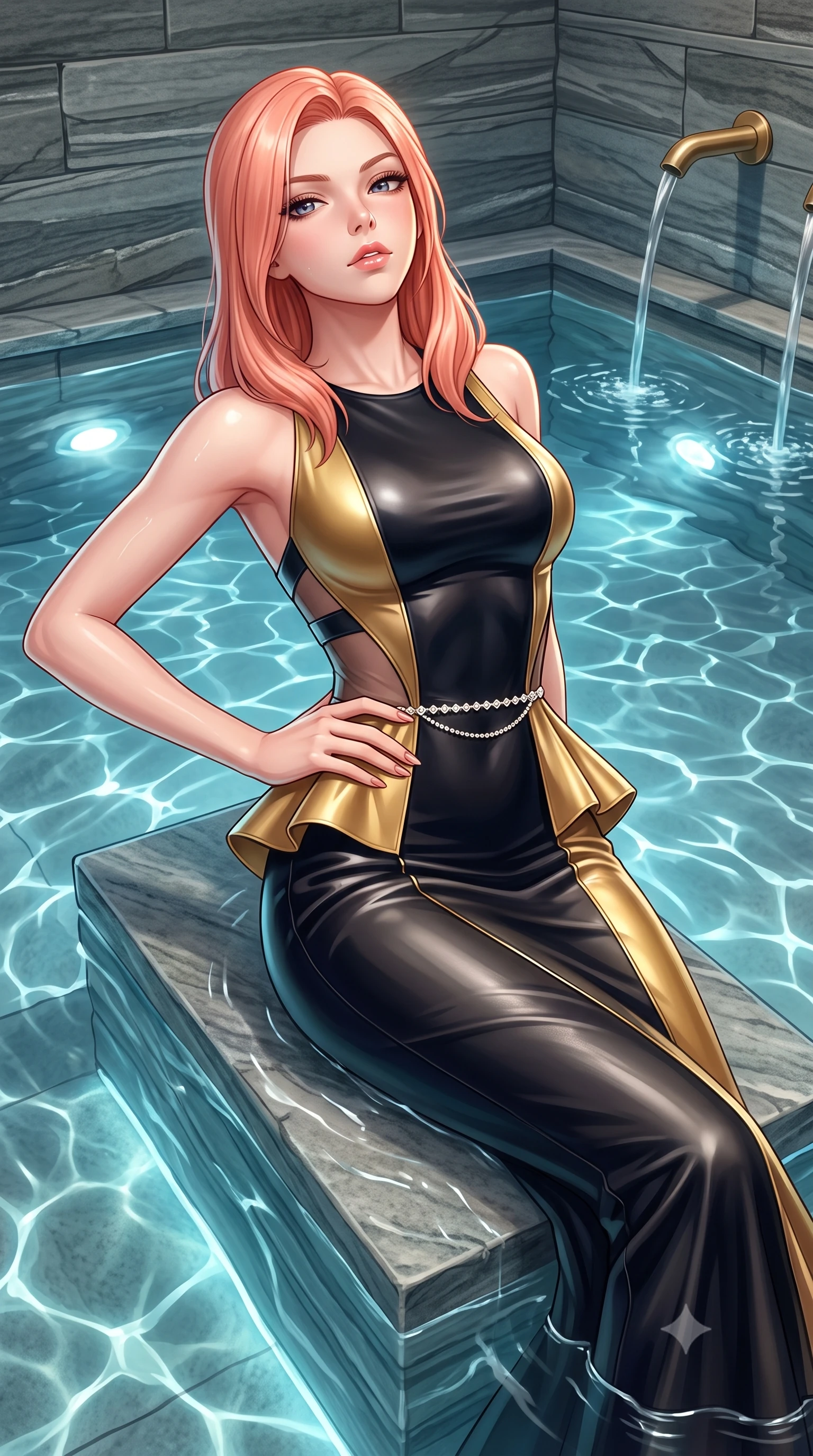 score_9, masterpiece, best quality, ultra-detailed, high-budget anime keyframe, semi-realistic 3D game render, editorial fashion photography, tasteful artistic composition, Japanese woman. close-up cowboy shot from the waist and thighs up, the character dominates the composition, filling the frame with her large presence. tilting her chin up with proud, sovereign allure while gazing through thick eyelashes, one hand resting on her waist in pure supermodel charisma while reclining on a submerged stone bench with mineral water tracing the sensual contour of her feminine hips, flat midriff, and long slender legs. The surrounding environment is rendered in vivid detail and crisp panoramic clarity. sharp layered Vals quartzite stone strata, water surface tension caustics, and brass thermal water spouts in deep focus. She has an exceptionally elegant, slender, and willowy female figure with an ultra-slim waist, flat toned midriff, narrow ribcage, and sculpted feminine hips creating an alluring, slim hourglass silhouette without bulk. sharp v-shaped jawline, high-bridge nose, intricate jewel-like eyes with depth, thick eyelashes, glossy parted lips with a natural sheen, intensely captivating and seductive bedroom-eyes expression, flawlessly proportioned anatomical accuracy, strict slender model proportions, natural body alignment, perfectly sculpted long slender limbs, ultra-slim waistline, clean dynamic posture without body distortion. wearing a structural geometric peplum gown with sheer side-ribbon cutouts and form-fitting skirt in midnight obsidian black and liquid gold, formed from supple second-skin lambskin leather with specular sheen, accented with a dainty diamond waist chain catching the ambient light reflections, the second-skin form-contouring cut accentuating her sculpted flat midriff, narrow delicate ribcage, and gracefully curvy hips with supermodel precision. illuminated by shimmering submerged pool lights softly contouring her razor-sharp jawline, narrow waist, and curvy hips. highly saturated vibrant anime colors, detailed shading with soft gradients, rich glossy textures, high-contrast stereoscopic depth, volumetric dynamic lighting, master piece, 9:16 ratio
