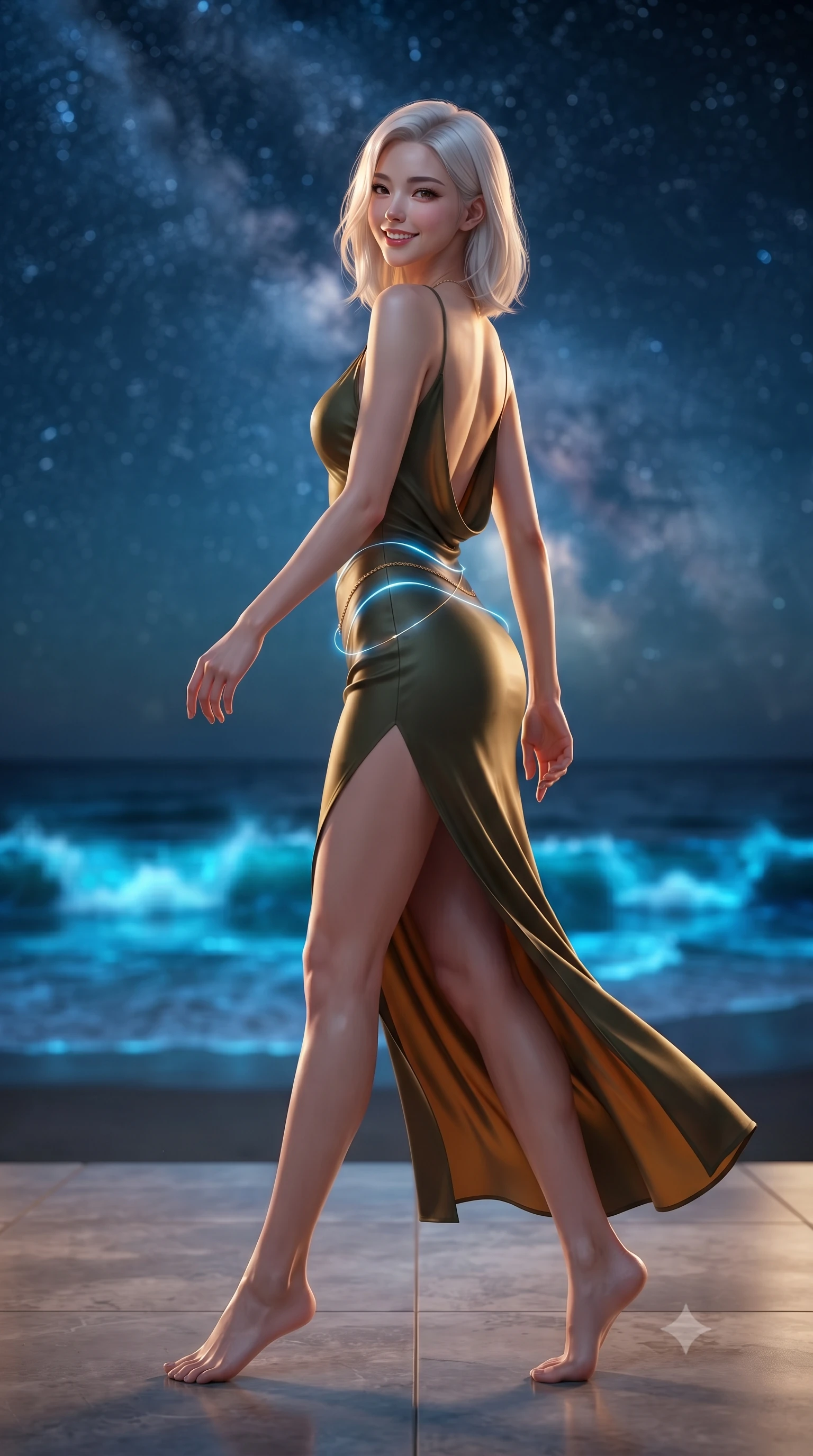 score_9, masterpiece, best quality, ultra-detailed, high-budget anime keyframe, editorial fashion photography, tasteful artistic composition, Korean woman. low angle full-body shot from head to toe showing her feet, filling the entire 9:16 vertical frame with her statuesque presence, stretching her vertical silhouette. walking along the terrace with poise, looking back over her bare shoulder with an irresistible smoldering bedroom-gaze while twisting her slender torso in an alluring contrapposto stance, ethereal neon-blue wave luminescence tracing her flat midriff and curvy hips. The background shows a soft-focus breaking ocean waves glowing with vivid neon-blue bioluminescent light, dense starry Milky Way overhead, and palm trees blurred into electric blue, obsidian, and diamond bokeh. She has an exceptionally tall and slender model-like 8.5-heads proportion, an ultra-slim waist, a flat toned midriff, narrow delicate ribcage, and beautifully sculpted feminine hips creating a graceful, slim hourglass silhouette without any bulky heaviness, with impossibly long slender legs. sharp v-shaped jawline, high-bridge nose, intricate jewel-like sparkling eyes with depth, thick eyelashes, glossy parted lips with a natural peach sheen, bright cheerful beaming smile with an enchanting and coquettish sensual glint, exuding both youthful cute charm and seductive allure, flawlessly proportioned anatomical accuracy, strict slender model proportions, natural body alignment, perfectly sculpted long slender limbs, ultra-slim waistline, clean dynamic posture without body distortion. wearing a form-contouring gossamer silk chiffon slip dress with a hip-high slit and open cowl back clinging with dewy moisture in Tuscan cypress dark olive and sunset amber gold, woven from buttery-soft stretch lambskin leather adhering to her body like a second skin, accented with a dainty gold belly chain resting across her flat midriff and curving hips, the second-skin tailored fabric adhering flawlessly to her sculpted flat midriff and slender torso, emphasizing her long leg lines and perfectly proportioned willowy build. illuminated by glowing wet sand reflection sheen and sharp neon-blue and gold dual rim lights defining her dewy collarbones, ultra-slim waist, and curvy hips. ultra-reflective glossy finish, specular highlights, rich textural contrasts, high-contrast stereoscopic depth, volumetric dynamic lighting, 2k, ultra detail, master piece, 9:16 ratio