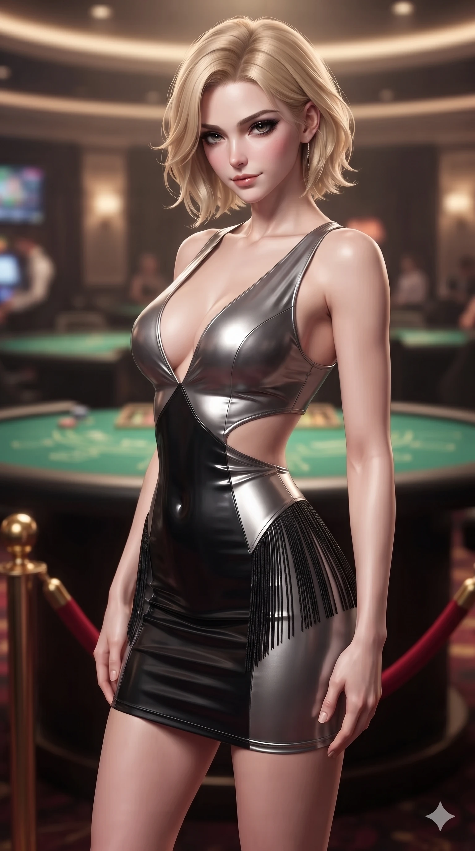 score_9, masterpiece, best quality, ultra-detailed, high-budget anime keyframe, editorial fashion photography, tasteful artistic composition, Caucasian woman. close-up cowboy shot from the waist and thighs up, the character dominates the composition, filling the frame with her large presence. tilting her head with a teasing half-smile, running one hand slowly down the side of her hip in a flirtatious S-curve as ambient neon caresses her silhouette while standing tall beside the velvet-rope VIP salon entrance, arching her spine with sovereign high-society grace as she casts a sultry gaze. The background shows a soft-focus ultra-exclusive VIP casino salon softened in luxury gaming shallow focus. She has an exceptionally elegant, slender, and willowy female figure with an ultra-slim waist, flat toned midriff, narrow ribcage, and sculpted feminine hips creating an alluring, slim hourglass silhouette without bulk. sharp v-shaped jawline, high-bridge nose, intricate jewel-like dark sparkling eyes with dangerous depth, thick curled eyelashes, glossy parted lips with a rich wine sheen, smoldering seductive half-smile with bedroom-eyes, exuding effortless superiority and intoxicating dark allure, flawlessly proportioned anatomical accuracy, strict slender model proportions, natural body alignment, perfectly sculpted long slender limbs, ultra-slim waistline, clean dynamic posture without body distortion. wearing a slinky deep-V liquid jersey cocktail dress with waist cutout accentuating her hourglass curves in metallic liquid silver and pitch black, crafted from wet-look high-gloss vinyl fabric with dazzling specular surface reflections, finished with delicate jet-black micro-fringe fluttering softly along her hips with each step, the liquid-tight tailored fabric clinging flawlessly to her narrow waist and rounded feminine hips, emphasizing every millimeter of her sculpted slim hourglass curves without any bulky heaviness. bathed in warm, focused pin-spot lighting over the green gaming tables contrasted with intimate ambient shadows. ultra-reflective glossy finish, specular highlights, rich textural contrasts, high-contrast stereoscopic depth, volumetric dynamic lighting, 2k, ultra detail, master piece, 9:16 ratio