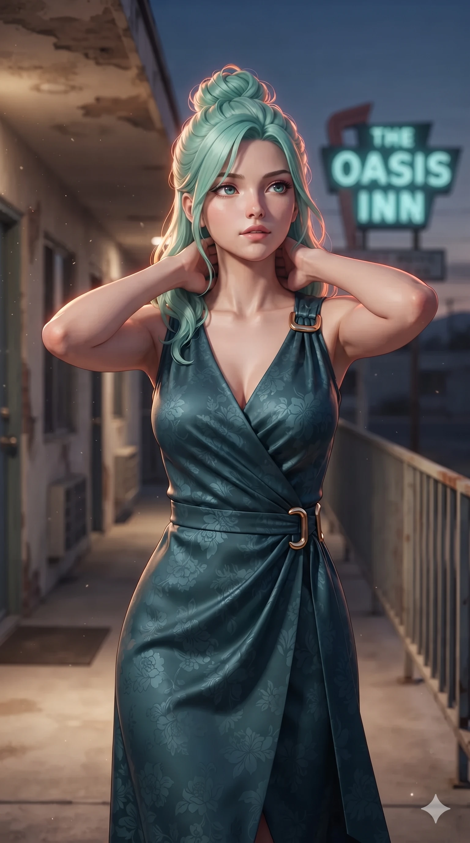 score_9, masterpiece, best quality, ultra-detailed, high-budget anime keyframe, editorial fashion photography, tasteful artistic composition, Japanese woman. close-up cowboy shot from the waist and thighs up, the character dominates the composition, filling the frame with her large presence. resting both hands lightly behind her neck with elbows raised, arching her spine to highlight her narrow waist, flat midriff, and breathtaking collarbones while walking down the exterior motel walkway with effortless supermodel strut, her long slender legs and curvaceous hips creating a sweeping vertical line. The background shows a soft-focus retro motel exterior corridor softened in mid-century architectural shallow focus. She has an exceptionally elegant, slender, and willowy female figure with an ultra-slim waist, flat toned midriff, narrow ribcage, and sculpted feminine hips creating an alluring, slim hourglass silhouette without bulk. sharp v-shaped jawline, high-bridge nose, sparkling eyes with hypnotic seductive depth, thick curled eyelashes, glossy parted lips with a natural dewy peach sheen, alluring bedroom-eyes with an enchanting coquettish smile, exuding magnetic siren charisma and sophisticated glamour, flawlessly proportioned anatomical accuracy, strict slender model proportions, natural body alignment, perfectly sculpted long slender limbs, ultra-slim waistline, clean dynamic posture without body distortion. wearing a translucent silk georgette desert wrap dress slipping off bare shoulders with a hip-high slit and open cowl back in high-contrast coastal monochrome with gold hardware, made of fluid liquid jersey with seamless sculpting hold and smooth contours, finished with glistening drops of seawater beading across her sculpted shoulders and flat midriff, the bespoke structured tailoring following the natural line of her 8.5-heads silhouette with refined elegance. illuminated by concrete walkway bounce and sharp coral-amber rim lights defining her razor-sharp jawline, narrow waist, and curvy hips. ultra-reflective glossy finish, specular highlights, rich textural contrasts, high-contrast stereoscopic depth, volumetric dynamic lighting, 2k, ultra detail, master piece, 9:16 ratio