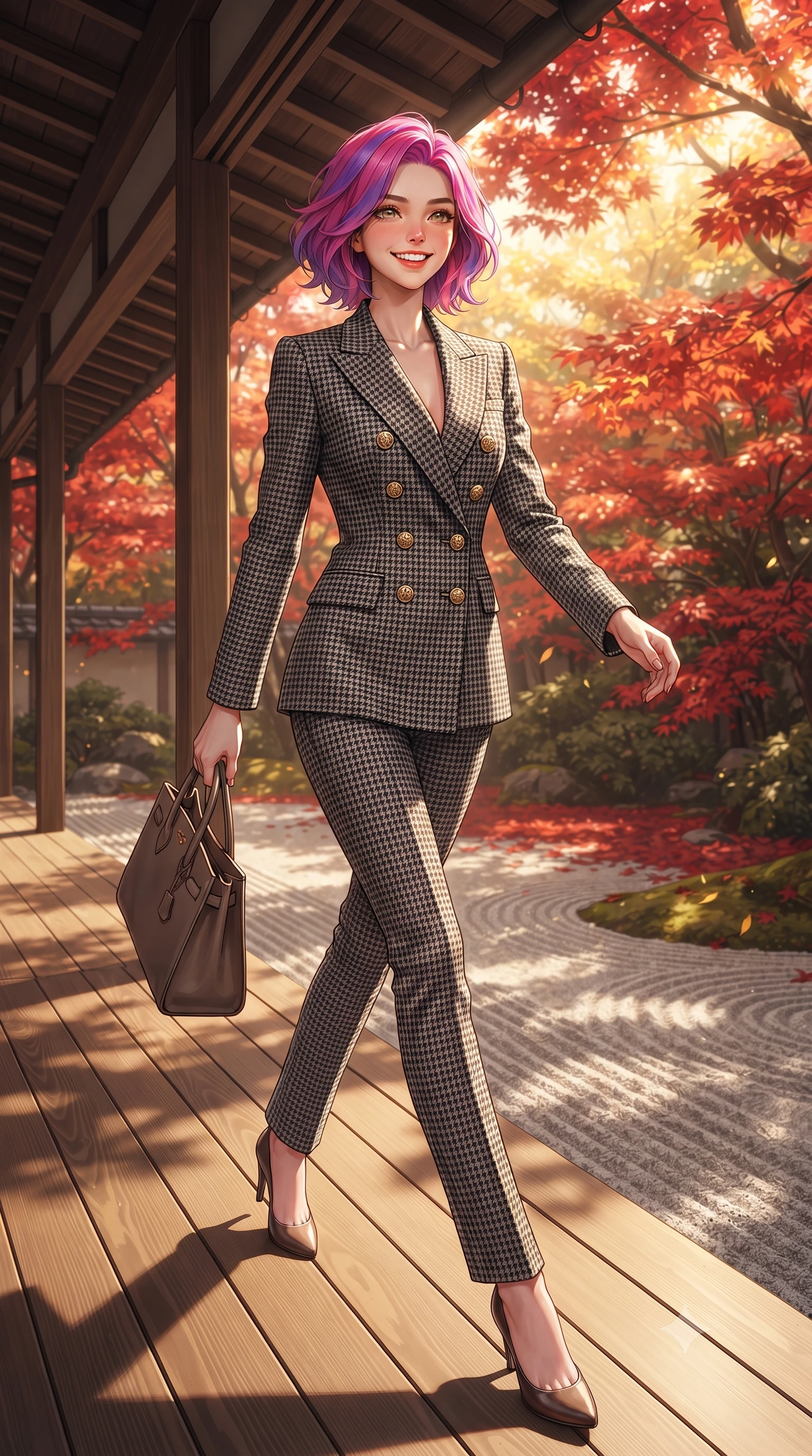 score_9, masterpiece, best quality, ultra-detailed, high-budget anime keyframe, editorial fashion photography, tasteful artistic composition, Caucasian woman. low angle full-body shot from head to toe showing her feet, filling the entire 9:16 vertical frame with her statuesque presence, stretching her vertical silhouette. walking briskly with tall supermodel strides, one hand holding her leather bag and the other swinging with energetic charm while walking along the exterior wooden gallery overlooking raked white gravel and flaming crimson maple leaves, her tailored coat flowing with poise. The surrounding environment is rendered in vivid detail and crisp panoramic clarity: sharp fine grain on polished hinoki cypress veranda planks, precise raked lines in granite sand, and maple leaf serrations in deep focus. She has an exceptionally tall and slender model-like 8.5-heads proportion, an ultra-slim waist, a flat toned midriff, narrow delicate ribcage, and beautifully sculpted feminine hips creating a graceful, slim hourglass silhouette without any bulky heaviness, with impossibly long slender legs. sharp v-shaped jawline, high-bridge nose, intricate jewel-like sparkling eyes with depth, thick eyelashes, glossy parted lips with a natural peach sheen, bright cheerful beaming smile with an enchanting and coquettish sensual glint, exuding both youthful cute charm and seductive allure, flawlessly proportioned anatomical accuracy, strict slender model proportions, natural body alignment, perfectly sculpted long slender limbs, ultra-slim waistline, clean dynamic posture without body distortion. wearing a refined double-breasted wool gabardine pantsuit with clean minimalist tailoring and a concealed placket in classic Savile Row charcoal houndstooth and crisp ivory, tailored from heritage British Harris Tweed with rich multi-tonal yarn weave, accented with an ornate 24k gold lion-embossed crest button along the front closure, the bespoke architectural tailoring hugging her natural waistline with sartorial precision, creating a clean graceful hourglass silhouette with tall model elegance. bathed in filtered golden autumn sunlight dappled through brilliant red and orange maple foliage. ultra-reflective glossy finish, specular highlights, rich textural contrasts, high-contrast stereoscopic depth, volumetric dynamic lighting, 2k, ultra detail, master piece, 9:16 ratio