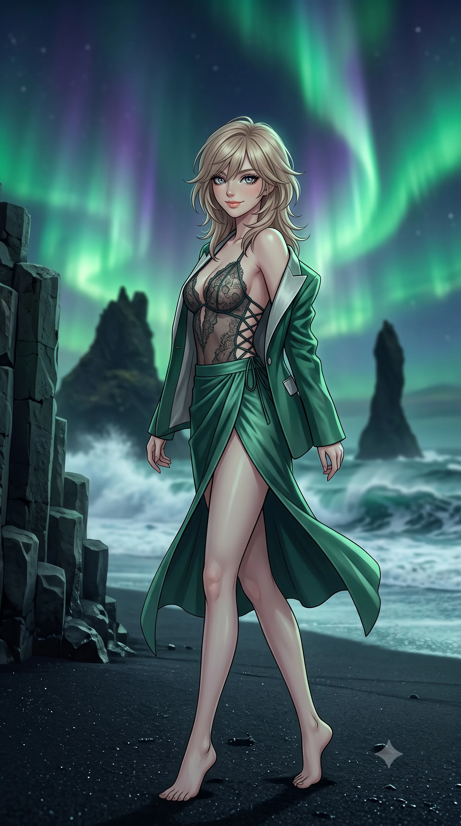 score_9, masterpiece, best quality, ultra-detailed, high-budget anime keyframe, editorial fashion photography, tasteful artistic composition, Japanese woman. low angle full-body shot from head to toe showing her feet, filling the entire 9:16 vertical frame with her statuesque presence, stretching her vertical silhouette. executing a slow, graceful pivot turn as her skirt sways around her slender legs, glancing back with an enchanting, teasing sensual expression while standing poised on the jet-black volcanic sand beside towering hexagonal basalt columns, arching her lower back as emerald and violet aurora ribbons ripple across the Arctic sky. The background shows a soft-focus monumental Reynisdrangar sea stack needles rising from crashing foaming surf, vibrant rippling green aurora curtains, and black beach blurred into emerald, obsidian, and pearl bokeh. She has an exceptionally tall and slender model-like 8.5-heads proportion, an ultra-slim waist, a flat toned midriff, narrow delicate ribcage, and beautifully sculpted feminine hips creating a graceful, slim hourglass silhouette without any bulky heaviness, with impossibly long slender legs. sharp v-shaped jawline, high-bridge nose, intricate jewel-like sparkling eyes with depth, thick eyelashes, glossy parted lips with a natural peach sheen, bright cheerful beaming smile with an enchanting and coquettish sensual glint, exuding both youthful cute charm and seductive allure, flawlessly proportioned anatomical accuracy, strict slender model proportions, natural body alignment, perfectly sculpted long slender limbs, ultra-slim waistline, clean dynamic posture without body distortion. wearing a delicate sheer French Chantilly lace teddy layered under an open tailored tuxedo blazer draped over bare shoulders in Art Nouveau malachite green and antique starlight silver, woven from fine semi-opaque stretch illusion mesh tracing her slender contours, featuring fine criss-cross lace-up side ties revealing tantalizing glimpses of her hip curve, the high-slit wrap tailoring accentuating her ultra-slim waistline and the enchanting curve of her feminine hips with alluring seductive charm. bathed in the ethereal 5200K phosphorescent green-and-violet illumination of active aurora borealis curtains mixed with twilight glow. ultra-reflective glossy finish, specular highlights, rich textural contrasts, high-contrast stereoscopic depth, volumetric dynamic lighting, 2k, ultra detail, master piece, 9:16 ratio