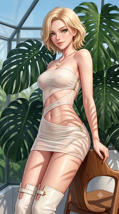 score_9, masterpiece, best quality, ultra-detailed, high-budget anime keyframe, semi-realistic 3D game render, editorial fashion photography, tasteful artistic composition, Caucasian woman. close-up cowboy shot from the waist and thighs up, the chara