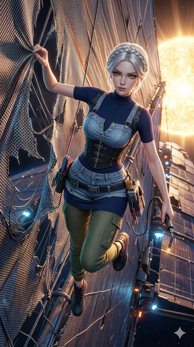 score_9, masterpiece, best quality, ultra-detailed, photorealistic 8k CG, hyper-detailed textures, ray-tracing, Japanese woman. Extreme high angle shot as she leaps towards the camera, filling the frame. reparing a damaged solar sail on a ship headin
