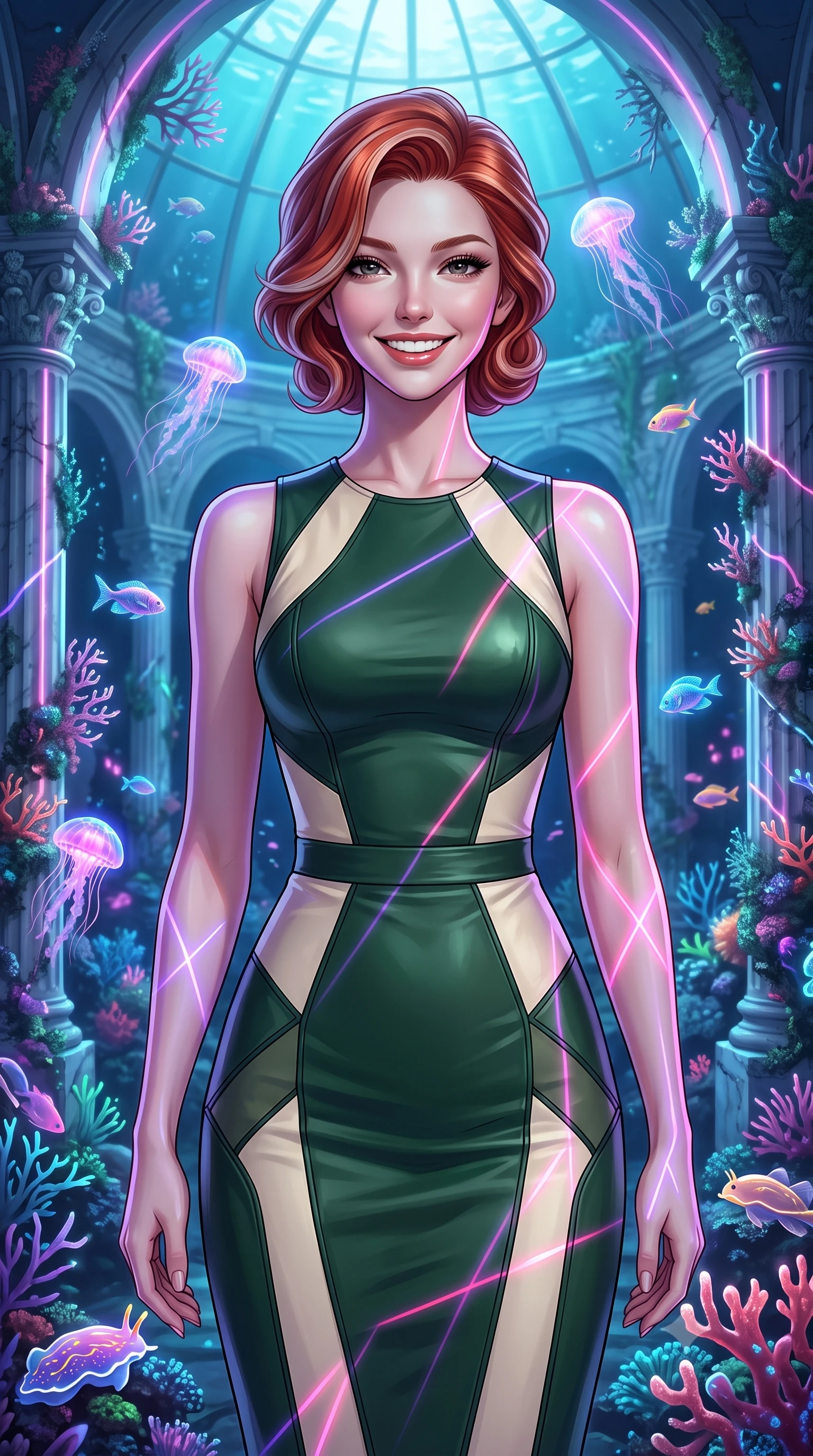 score_9, masterpiece, best quality, ultra-detailed, high-budget anime keyframe, editorial fashion photography, tasteful artistic composition, Caucasian woman, strictly human ears. close-up cowboy shot from the waist and thighs up, the character dominates the composition, filling the frame with her large presence, background elements kept in soft focus. Beaming with a wide, friendly smile that lights up her entire face. set against a soft-focus background of inside a submerged ancient white marble conservatory under a giant underwater glass dome, filled with glowing corals and neon sea creatures. She has an exceptionally elegant, slender, and willowy female figure with a highly-defined ultra-slim waist, a gracefully sculpted slender torso, and a refined slim-fit silhouette that contours her form. sharp v-shaped jawline, high-bridge nose, intricate jewel-like eyes with depth, thick eyelashes, glossy lips with a natural sheen. wearing a fitted pencil dress in color-blocked forest green and cream leather, contouring her athletic, slender build. laser lines of violet and hot pink reflecting off surfaces casting geometric neon highlights. 2k, ultra detail, master piece, 9:16 ratio