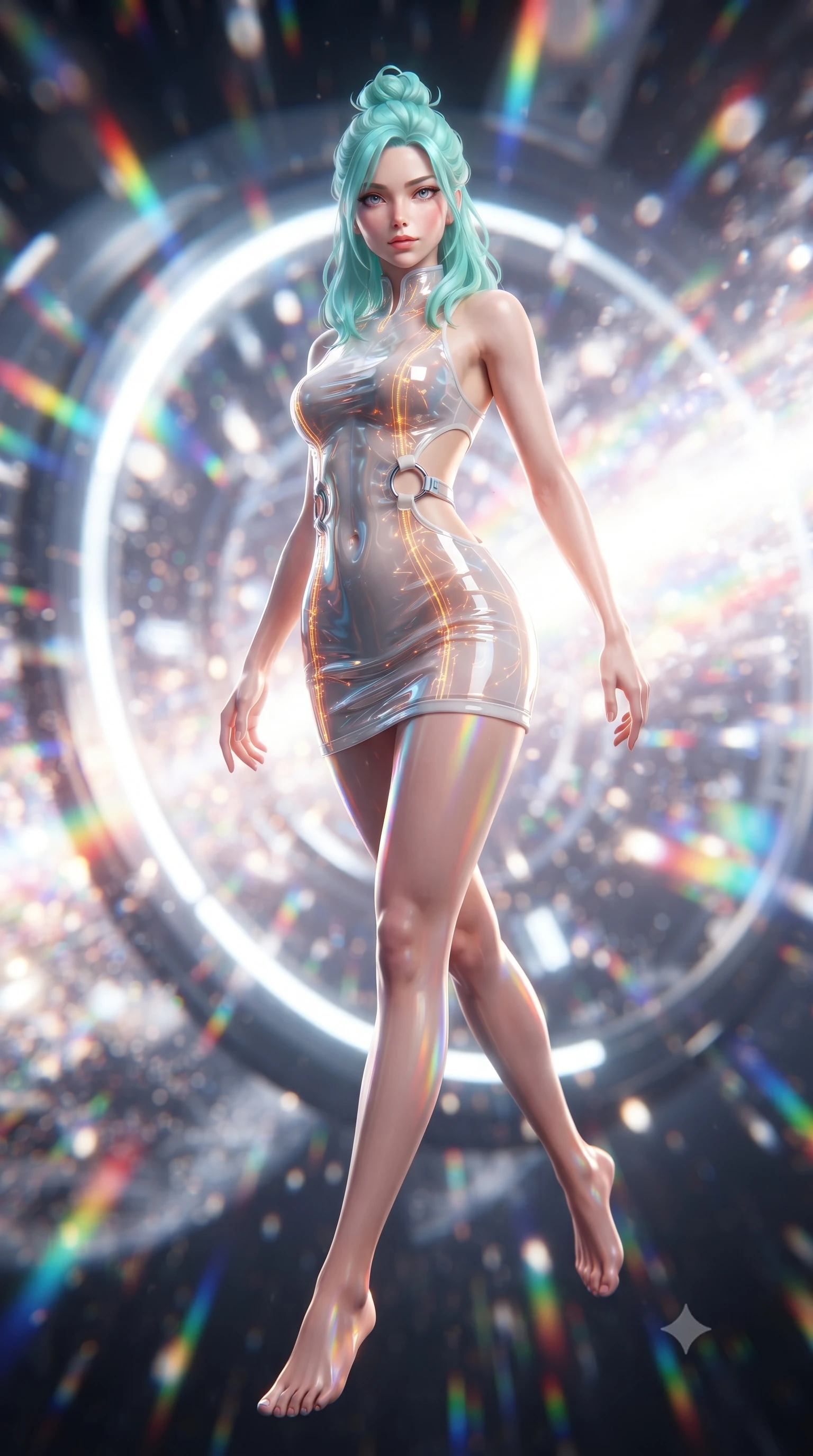 score_9, masterpiece, best quality, ultra-detailed, high-budget anime keyframe, editorial fashion photography, tasteful artistic composition, Japanese woman. low angle full-body shot from head to toe showing her feet, filling the entire 9:16 vertical frame with her statuesque presence, stretching her vertical silhouette. striding forward with commanding supermodel grace, her 8.5-heads statuesque silhouette dominating the vertical frame from head to toe while floating in zero-gravity at the core of a starship warp engine as gigantic rotating magnetic rings emit dazzling prism light. The composition keeps background elements in soft focus with creamy bokeh. blazing warp core energy beams and swirling particle clouds blurred into dazzling rainbow and white-hot bokeh. She has an absolutely perfect, statuesque 8.5-heads proportion, an exceptionally tall and slender model-like female figure with impossibly long slender legs, a toned flat midriff, and an ultra-slim waist. sharp v-shaped jawline, high-bridge nose, intricate jewel-like eyes with depth, thick eyelashes, glossy lips with a natural sheen, flawlessly proportioned anatomical accuracy, strict slender model proportions, natural body alignment, perfectly sculpted long slender limbs, ultra-slim waistline, clean dynamic posture without body distortion. wearing a high-gloss lacquer cyber-couture mini dress with an open-back architectural cut and subtle glowing micro-filaments in high-contrast monochrome white enamel and glowing amber lines, tailored from semi-translucent cybernetic vinyl with glowing micro-filaments, detailed with polished silver rings connecting the daring side-waist cutouts, the precision-cut daring openings accentuating her delicate midriff, graceful bare collarbones, and ultra-slim feminine waistline. bathed in brilliant white-hot warp core radiance and saturated rainbow particle prism refractions. ultra-reflective glossy finish, specular highlights, dark metallic sheen, high-contrast stereoscopic depth, volumetric dynamic lighting, 2k, ultra detail, master piece, 9:16 ratio