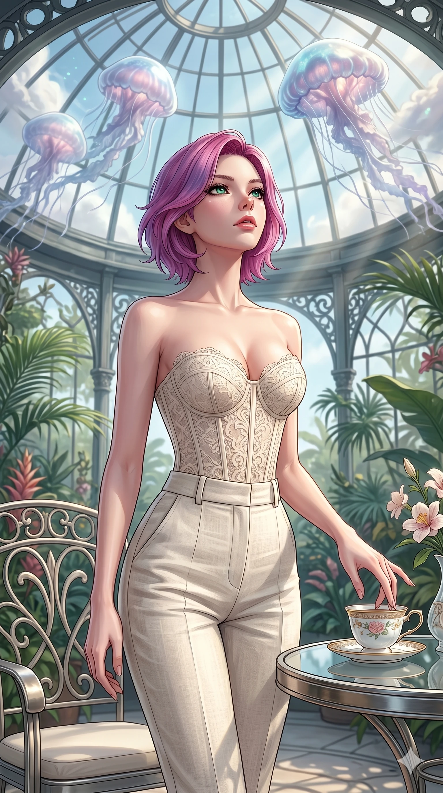 score_9, masterpiece, best quality, ultra-detailed, high-budget anime keyframe, editorial fashion photography, tasteful artistic composition, Caucasian woman, strictly human ears. cowboy shot from the thighs up, character and outfit filling the frame for maximum editorial presence. resting her fingers on a porcelain tea cup, looking up in a sky garden with jellyfish clouds (Code-P17-177). She has an absolutely perfect 8-heads proportion, an exceptionally tall and slender female figure with impossibly long slender legs and an ultra-slim waist. V-shaped jawline, high-bridge nose, intricate jewel-like eyes with depth, thick eyelashes, glossy lips with a natural sheen. wearing a structured lace corset with sweetheart neckline showing cleavage. soft morning sunbeams filtering through the skylight, highlighting her high-bridge nose. 2k, ultra detail, master piece, 9:16 ratio