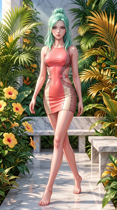 score_9, masterpiece, best quality, ultra-detailed, high-budget anime keyframe, semi-realistic 3D game render, editorial fashion photography, tasteful artistic composition, Japanese woman. low angle full-body shot from head to toe showing her feet, f