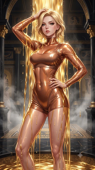 score_9, masterpiece, best quality, ultra-detailed, High-budget Anime Keyframe, Caucasian woman, strictly human ears. Low angle cowboy shot filling the entire 9:16 frame with her statuesque presence. Scenario 497: standing under a waterfall of liquid