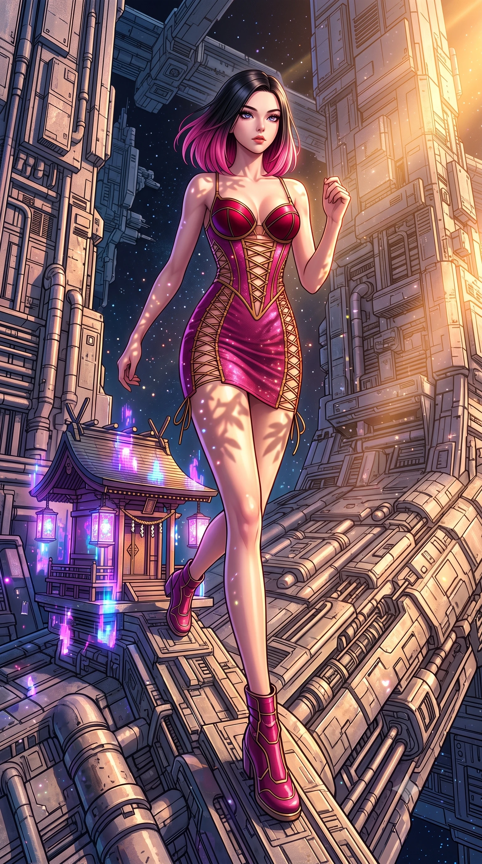 score_9, masterpiece, best quality, ultra-detailed, high-budget anime keyframe, editorial fashion photography, tasteful artistic composition, Korean woman. low angle full-body shot from head to toe showing her feet, filling the entire 9:16 vertical frame with her statuesque presence, stretching her vertical silhouette. running along the outer hull of a giant starship in zero gravity, magnetic boots clinging to a small futuristic shrine squeezed between high-rises, featuring holographic projection lanterns that flicker erratically. She has a statuesque 8.5-heads proportion, an exceptionally tall, slender and willowy model-like build with impossibly long legs and a highly sculpted ultra-slim waist. sharp v-shaped jawline, high-bridge nose, intricate jewel-like eyes with depth, thick eyelashes, glossy lips with a natural sheen. wearing catching and diffusing the glowing particles, shimmering softly in response to the surrounding light, a body-hugging deconstructed corset dress in deep magenta with exposed gold lacing and structured crimson cups. highly saturated vibrant anime colors, intense vivid color palette, soft 3D volumetric shading, volumetric dynamic lighting, warm golden afternoon sunbeams casting soft organic leaf shadows across her skin. 2k, ultra detail, master piece, 9:16 ratio