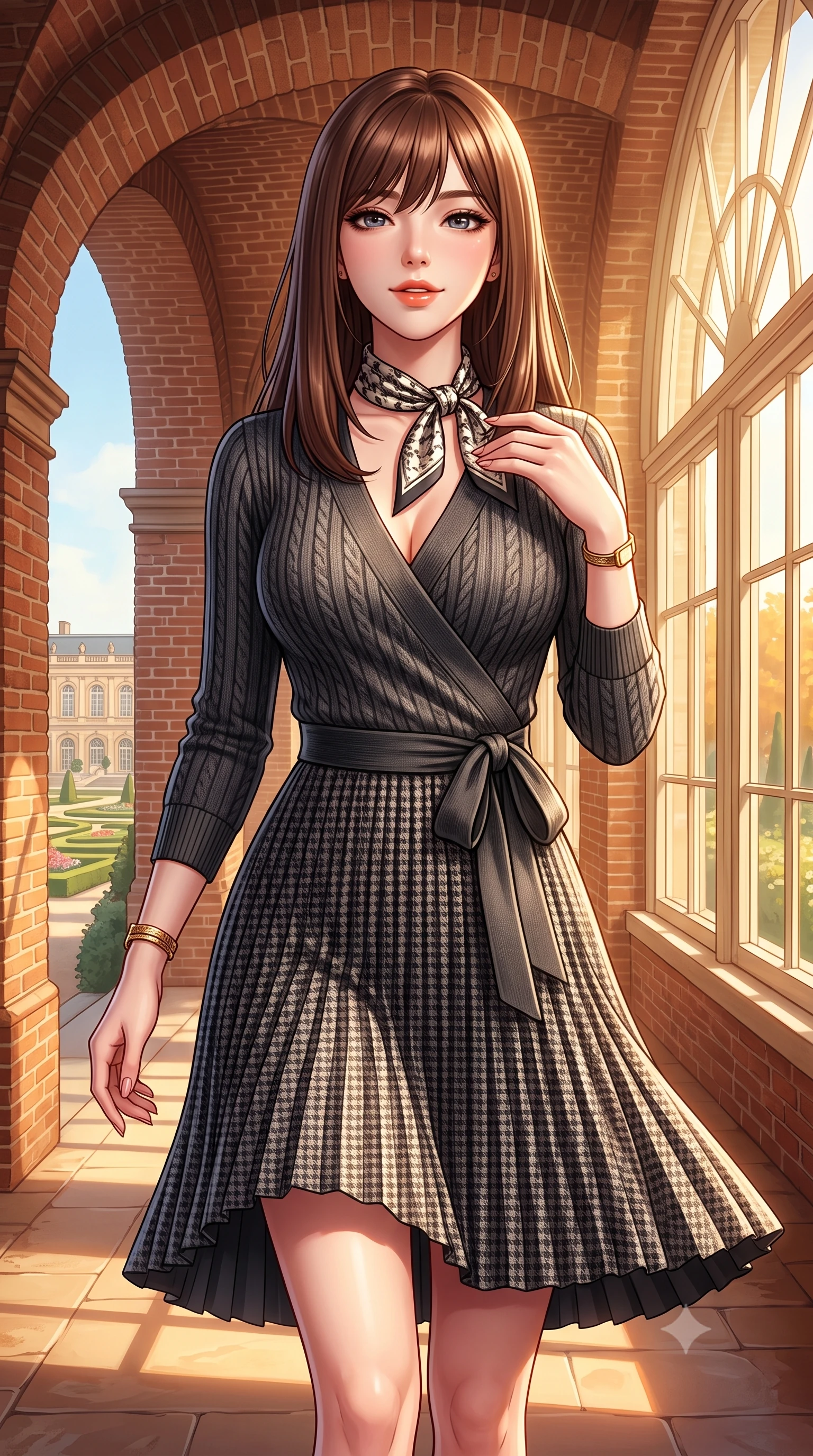 score_9, masterpiece, best quality, ultra-detailed, high-budget anime keyframe, semi-realistic 3D game render, editorial fashion photography, tasteful artistic composition, Korean woman. close-up cowboy shot from the waist and thighs up, the character dominates the composition, filling the frame with her large presence. tilting her chin up with a teasing half-smile, running one manicured hand lightly along her lapel with effortless magnetic allure while walking along the sunny brick arched gallery, her wool pleated skirt swaying in graceful cadence with each step. The surrounding environment is rendered in vivid detail and crisp panoramic clarity: detailed cable-knit cashmere sweater ribbing, silk twilly neck scarf knot, and baroque palace garden craft in razor-sharp precision. She has an exceptionally elegant, slender, and willowy female figure with an ultra-slim waist, flat toned midriff, narrow ribcage, and sculpted feminine hips creating an alluring, slim hourglass silhouette without bulk. sharp v-shaped jawline, high-bridge nose, intricate jewel-like sparkling eyes with depth, thick eyelashes, glossy parted lips with a natural peach sheen, bright cheerful beaming smile with an enchanting and coquettish sensual glint, exuding both youthful cute charm and seductive allure, flawlessly proportioned anatomical accuracy, strict slender model proportions, natural body alignment, perfectly sculpted long slender limbs, ultra-slim waistline, clean dynamic posture without body distortion. wearing a form-fitting ribbed silk-cashmere wrap dress with a cinched sash belt framing her feminine hourglass proportions in classic Savile Row charcoal houndstooth and crisp ivory, tailored from premium double-knit ponte with sleek sculpting hold and smooth contours, accented with delicate golden wrist cuffs reflecting warm chandelier light, the snug waist-cinching tailoring accentuating her ultra-slim waistline and the enchanting curve of her feminine hips with alluring seductive charm. bathed in warm 3200K autumn sunlight streaming through floor-to-ceiling arched south-facing conservatory windows. highly saturated vibrant anime colors, detailed shading with soft gradients, rich glossy textures, high-contrast stereoscopic depth, volumetric dynamic lighting, master piece, 9:16 ratio