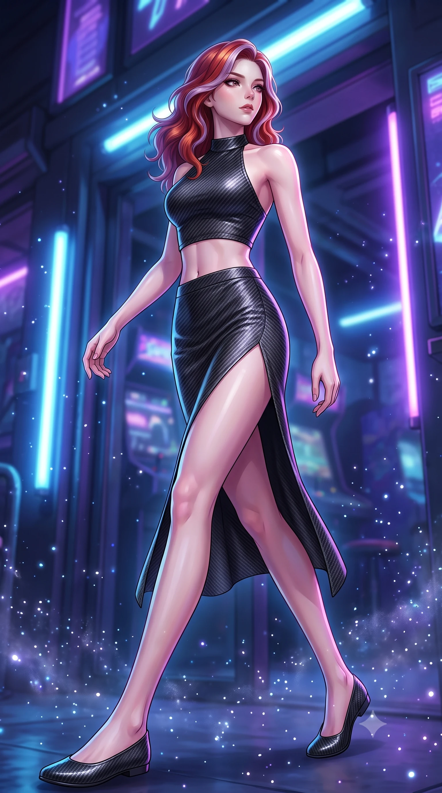 score_9, masterpiece, best quality, ultra-detailed, high-budget anime keyframe, editorial fashion photography, tasteful artistic composition, Caucasian woman. low angle full-body shot from head to toe showing her feet, filling the entire 9:16 vertical frame with her statuesque presence, stretching her vertical silhouette. stepping gracefully through floating stardust particles, her body-contouring suit showing her athletic, slender silhouette, the background shows a soft-focus a cybernetic game pub entrance with flickering blue fluorescent tubes. She has an absolutely perfect, statuesque 8.5-heads proportion, an exceptionally tall and slender model-like female figure with impossibly long slender legs and an ultra-slim waist. sharp v-shaped jawline, high-bridge nose, intricate jewel-like eyes with depth, thick eyelashes, glossy lips with a natural sheen. wearing a slim-fit carbon-fiber halter-neck crop top paired with a matching high-slit midi skirt, revealing her slim waist. low-contrast blue and violet ambient glow casting mysterious side rim-lights. highly saturated vibrant anime colors, detailed shading with soft gradients, rich glossy textures, high-contrast stereoscopic depth, volumetric dynamic lighting, master piece, 9:16 ratio