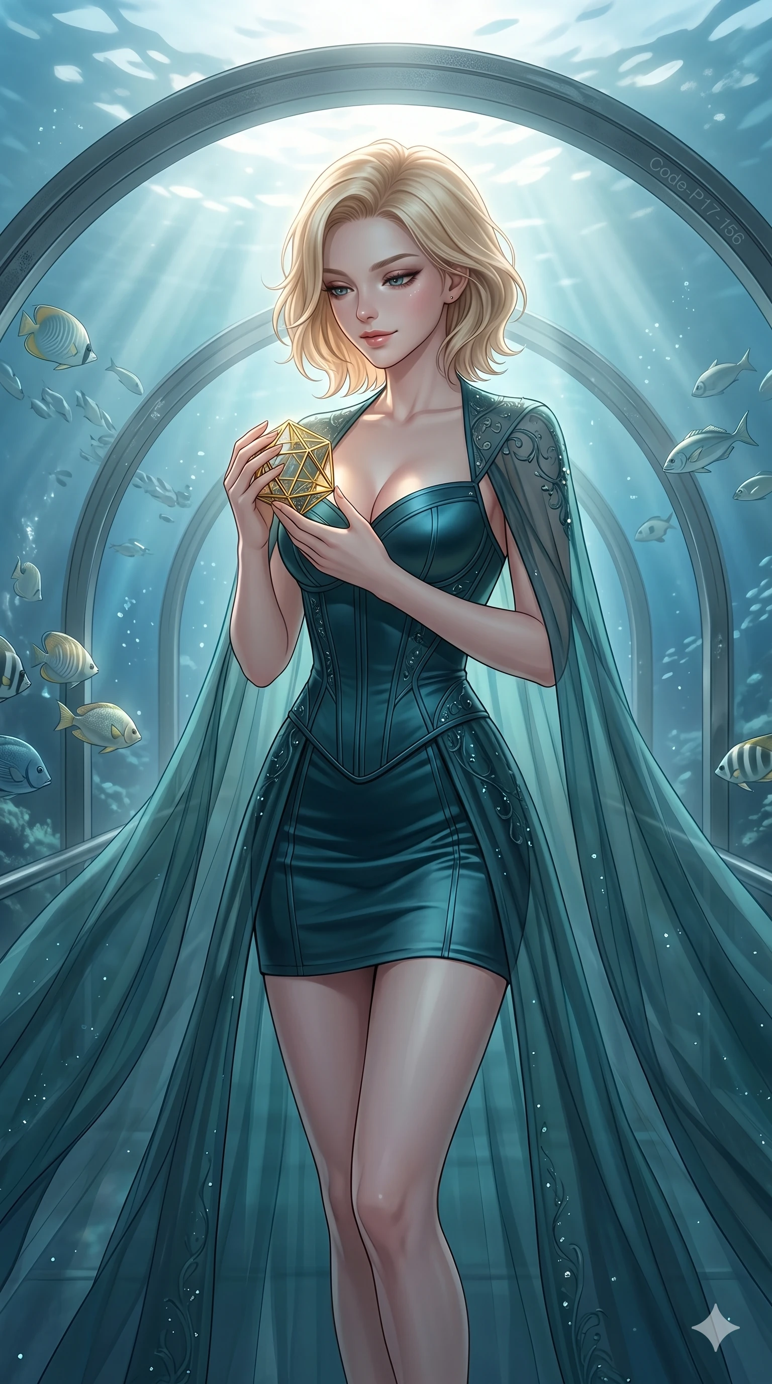 score_9, masterpiece, best quality, ultra-detailed, high-budget anime keyframe, editorial fashion photography, tasteful artistic composition, Caucasian woman, strictly human ears. cowboy shot from the thighs up, character and outfit filling the frame for maximum editorial presence. holding a small golden polyhedron, looking down with a serene and powerful smile inside an underwater glass tunnel with fish (Code-P17-156). She has an absolutely perfect 8-heads proportion, an exceptionally tall and slender female figure with impossibly long slender legs and an ultra-slim waist. V-shaped jawline, high-bridge nose, intricate jewel-like eyes with depth, thick eyelashes, glossy lips with a natural sheen. wearing a structured satin corset showing her cleavage and a sheer cape. soft morning sunbeams filtering through the mist, creating a soft glowing aura. 2k, ultra detail, master piece, 9:16 ratio