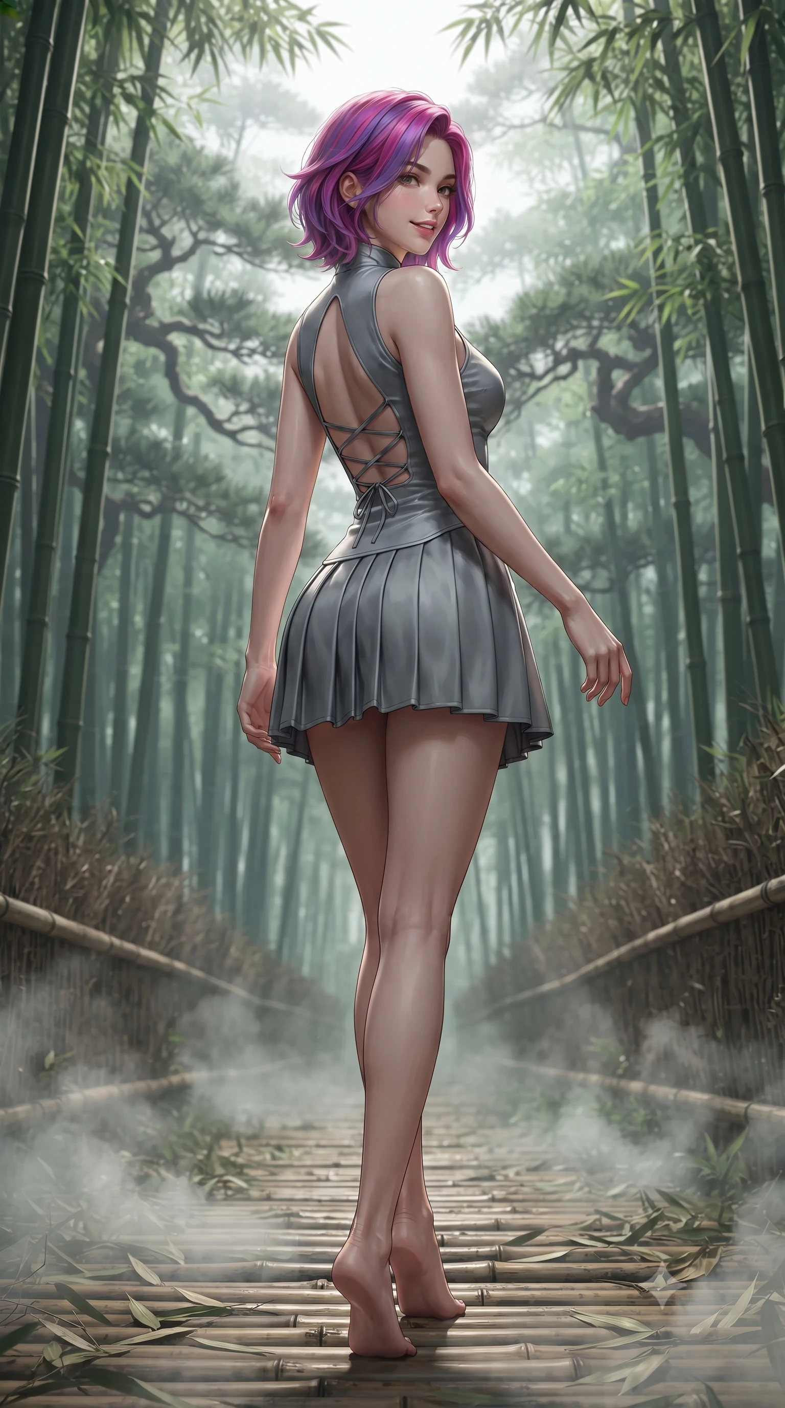 score_9, masterpiece, best quality, ultra-detailed, high-budget anime keyframe, editorial fashion photography, tasteful artistic composition, Caucasian woman. low angle full-body shot from head to toe showing her feet, filling the entire 9:16 vertical frame with her statuesque presence, stretching her vertical silhouette. walking slowly through the bamboo pathway, looking back over her shoulder with an air of effortless oriental grace and an alluring, smoldering smile while twisting her slender torso in an alluring S-curve as mountain breezes sculpt her flowing silk gown against her narrow waist and curvy hips. The background shows a soft-focus twisted ancient Huangshan pine canopies softened in legendary ink-painting shallow focus. She has an absolutely perfect, statuesque 8.5-heads proportion, an exceptionally tall and slender model-like female figure with impossibly long slender legs, an ultra-slim waist, a flat toned midriff, narrow delicate ribcage, and beautifully sculpted feminine hips creating a graceful, slim hourglass silhouette without any bulky heaviness. sharp v-shaped jawline, high-bridge nose, intricate jewel-like dark sparkling almond eyes with depth, thick lashes, glossy parted lips with a natural rose-plum sheen, bright alluring and coquettish smile with bedroom-eyes, exuding both timeless oriental elegance and sovereign high-fashion allure, flawlessly proportioned anatomical accuracy, strict slender model proportions, natural body alignment, perfectly sculpted long slender limbs, ultra-slim waistline, clean dynamic posture without body distortion. wearing a sleeveless modern qipao top with an elegant teardrop chest keyhole cutout paired with a curve-hugging pleated mini skirt in misty ink-wash slate grey and liquid silver, made of supple second-skin stretch silk jersey clinging flawlessly to her form, finished with criss-cross back satin laces tracing her slender spine, the high-waisted wrap tailoring accentuating her ultra-slim waistline and the enchanting curve of her feminine hips with alluring oriental charm. illuminated by white cloud bounce fill and sharp warm-gold rim lighting sculpting her razor-sharp jawline, narrow waist, and curvy hips. ultra-reflective glossy finish, specular highlights, rich textural contrasts, high-contrast stereoscopic depth, volumetric dynamic lighting, 2k, ultra detail, master piece, 9:16 ratio