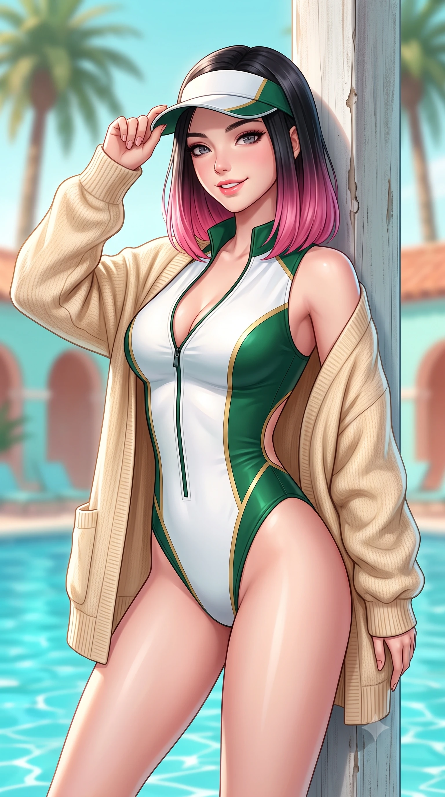score_9, masterpiece, best quality, ultra-detailed, high-budget anime keyframe, semi-realistic 3D game render, editorial fashion photography, tasteful artistic composition, Korean woman. close-up cowboy shot from the waist and thighs up, the character dominates the composition, filling the frame with her large presence. tilting her head with a cute beaming smile while arching her spine with athletic poise, one hand adjusting her racing visor in a flirtatious S-curve while leaning against the poolside cabana post with hips cocked back, casting an alluring bedroom-gaze past floating turquoise pool water. The background shows a soft-focus towering Beverly Hills royal palms, crystal turquoise pool water, and Spanish revival club arches blurred into pastel turquoise, honey, and coral bokeh. She has an exceptionally elegant, slender, and willowy female figure with an ultra-slim waist, flat toned midriff, narrow ribcage, and sculpted feminine hips creating an alluring, slim hourglass silhouette without bulk. sharp v-shaped jawline, high-bridge nose, sparkling eyes with athletic focus and depth, thick curled eyelashes, glossy parted lips with a natural coral-peach sheen, bright confident and coquettish smile with alluring bedroom-eyes, exuding both youthful sporty vigor and sovereign high-society glamour, flawlessly proportioned anatomical accuracy, strict slender model proportions, natural body alignment, perfectly sculpted long slender limbs, ultra-slim waistline, clean dynamic posture without body distortion. wearing a modern paddock jumpsuit with zip-down front collar and high-cut leg openings in sleek stretch jersey in crisp Wimbledon white and British racing green with gold accents, tailored from crisp cotton poplin with clean aerodynamic structural lines, complemented by an oversized cashmere knit cardigan slipping off one bare shoulder, the precision-cut side openings and low-back scoop framing her graceful spine and the sensual sweep of her slim, athletic hips. illuminated by water caustic bounce and sharp platinum rim lights defining her sculpted collarbones, ultra-slim waist, and curvy hips. highly saturated vibrant anime colors, detailed shading with soft gradients, rich glossy textures, high-contrast stereoscopic depth, volumetric dynamic lighting, master piece, 9:16 ratio