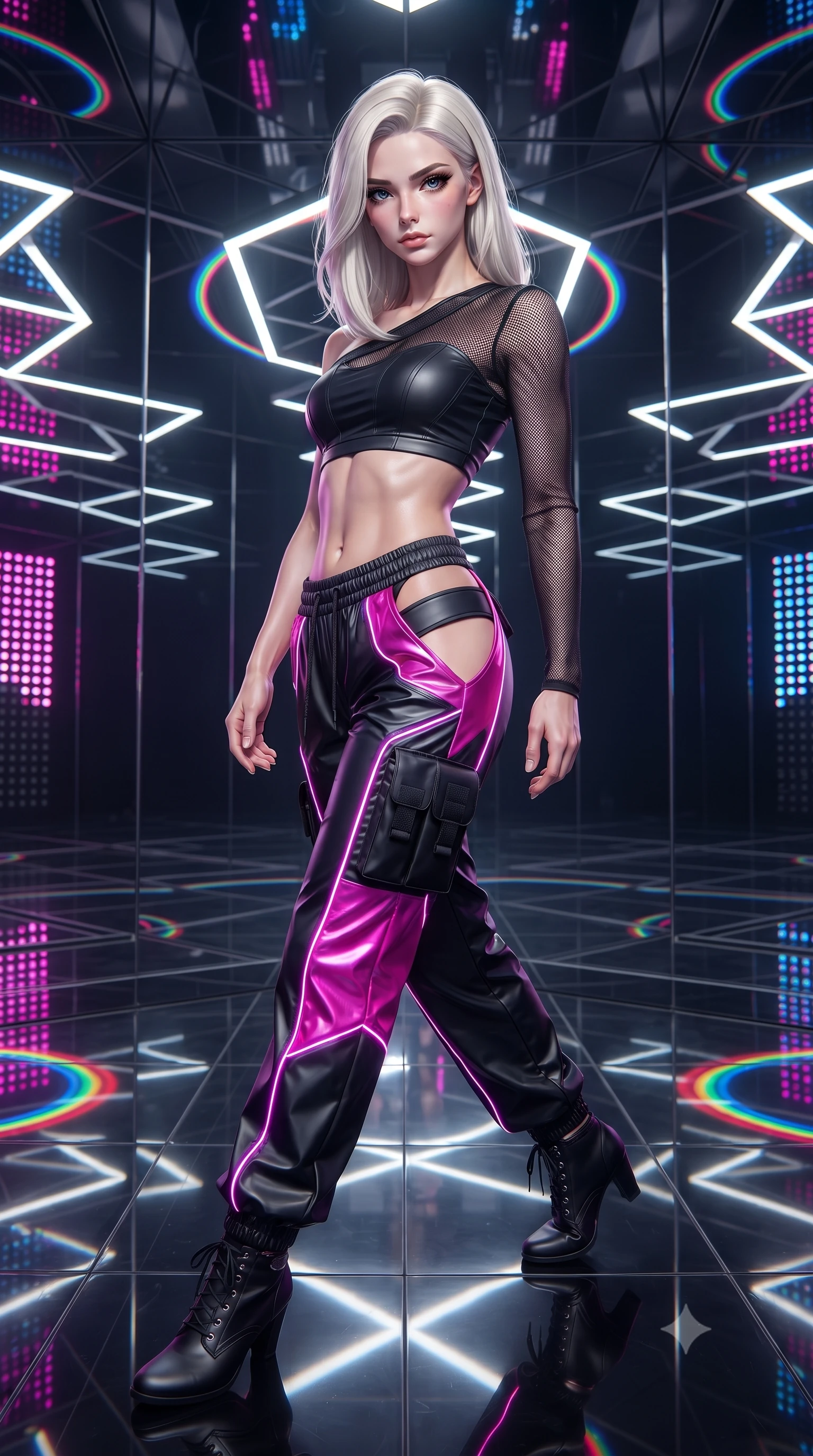 score_9, masterpiece, best quality, ultra-detailed, high-budget anime keyframe, editorial fashion photography, tasteful artistic composition, Caucasian woman. close-up cowboy shot from the waist and thighs up, the character dominates the composition, filling the frame with her large presence. tilting her chin up with proud, sovereign confidence while gazing directly into the lens with thick, dark eyelashes while pivoting gracefully on a mirrored floor as infinite reflections of light and color surround her slender frame. The surrounding environment is rendered in vivid detail and crisp panoramic clarity. detailed metallic fabric reflections, chromatic aberration rings, and geometric light fixtures in high clarity. She has an exceptionally elegant, slender, and willowy female figure with an ultra-slim waist, a gracefully sculpted slender torso, toned flat midriff, and a refined slim silhouette. sharp v-shaped jawline, high-bridge nose, intricate jewel-like eyes with depth, thick eyelashes, glossy lips with a natural sheen, captivating and magnetic expression, flawlessly proportioned anatomical accuracy, strict slender model proportions, natural body alignment, perfectly sculpted long slender limbs, ultra-slim waistline, clean dynamic posture without body distortion. wearing a sporty asymmetrical sleeve-warmer crop top with low-slung metallic parachute track pants in matte pitch-black and vivid neon magenta, made of breathable technical athletic mesh and liquid-finish track nylon, finished with glowing fiber-optic seam piping and miniature utility pouches, the precision-cut daring openings accentuating her delicate midriff, graceful bare collarbones, and ultra-slim feminine waistline. bathed in dynamic color-shifting LED ambient illumination and pure white spotlight fill. ultra-reflective glossy finish, specular highlights, rich textural contrasts, high-contrast stereoscopic depth, volumetric dynamic lighting, 2k, ultra detail, master piece, 9:16 ratio