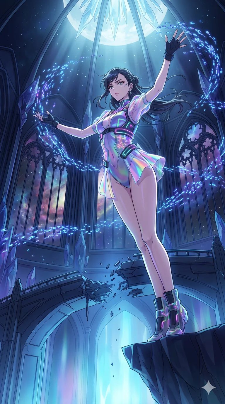 score_9, masterpiece, best quality, ultra-detailed, High-budget Anime Keyframe, vibrant colors, fluid line-art, expressive lighting, cinematic composition, Ufotable-style visual effects, top-tier animation quality, Japanese woman with delicate and elegant anime-inspired features. Dramatic low angle looking up at her majestic stature, dominating the vertical space of the composition. Orchestrating a storm of trillions of nanobots to repair a massive broken bridge over a canyon of light. She has an absolutely perfect 8-heads proportion, an exceptionally tall and slender female figure with impossibly long slender legs and an ultra-slim waist, her statuesque height and towering silhouette dominating the vertical 9:16 frame. Her face is a masterpiece featuring a sharp v-shaped jawline, high-bridge nose, intricate jewel-like eyes with depth, thick eyelashes, and glossy lips with a natural sheen. She is wearing a Transparent mini-dress with glowing internal circuits and a high-cut structural leotard crafted from Holographic chiffon that changes color with every movement, creating a rainbow effect, with integrated neon-lit tactical gear and suggestive cutouts on the thighs. The scene is set in a majestic gothic cathedral in deep space with massive windows overlooking a swirling nebula, illuminated by ethereal moonlight filtering through a crystalline canopy, creating soft highlights. 2k, ultra detail, master piece, 9:16 ratio