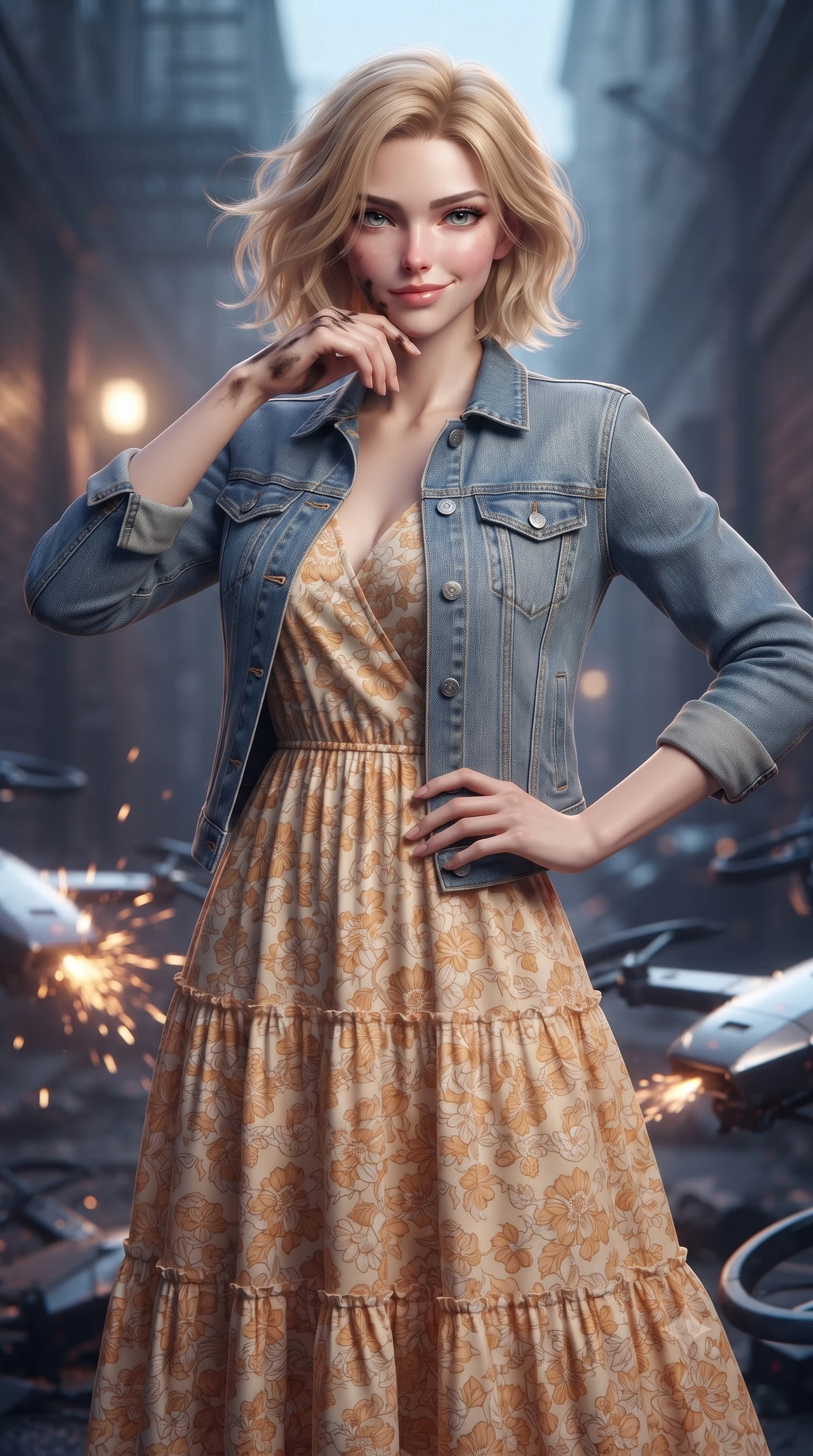 score_9, masterpiece, best quality, ultra-detailed, high-budget anime keyframe, editorial fashion photography, tasteful artistic composition, realistic cosplay photography, Caucasian woman, strictly human ears. close-up cowboy shot from the waist and thighs up, the character dominates the composition, filling the frame with her large presence, background elements kept in soft focus. Defiantly wiping oil and stardust from her jawline with a confident, victorious smirk. set against a soft-focus background of a dead-end alley where broken police drones are stacked, sparks still flying from exposed batteries. She has an exceptionally elegant and slender, willowy female figure with an ultra-slim waist, a gracefully sculpted slender torso, and a refined slim physique. sharp v-shaped jawline, high-bridge nose, intricate jewel-like eyes with depth, thick eyelashes, glossy lips with a natural sheen. wearing tailored for maximum mobility, sleek form-contouring panels that allow fluid movement, a tailored tailored light blue denim jacket over a tiered cotton maxi dress in a warm cream and apricot floral print. soft glowing ambient light with sharp side key light tracing the sleek contours of her figure. ultra-reflective glossy finish, specular highlights, metallic sheen, high-contrast stereoscopic depth, volumetric dynamic lighting, 2k, ultra detail, master piece, 9:16 ratio